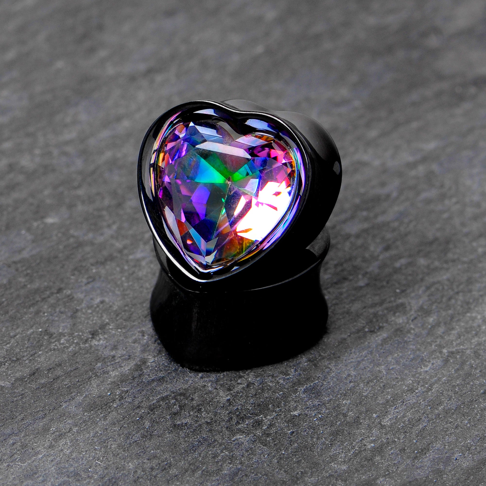 Medium Vitrail CZ Black Heart In Heart Double Flare Plug Set 8mm to 16mm