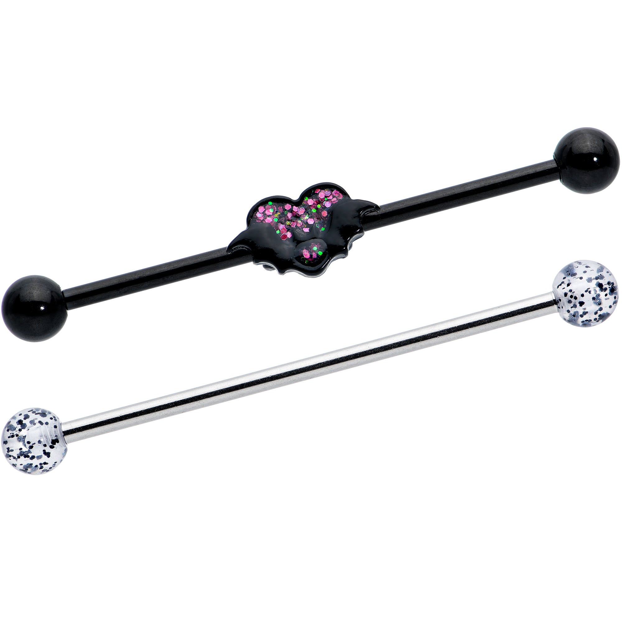 14 Gauge Black Bat Heart Halloween Clear Industrial Barbell 38mm Set of 2