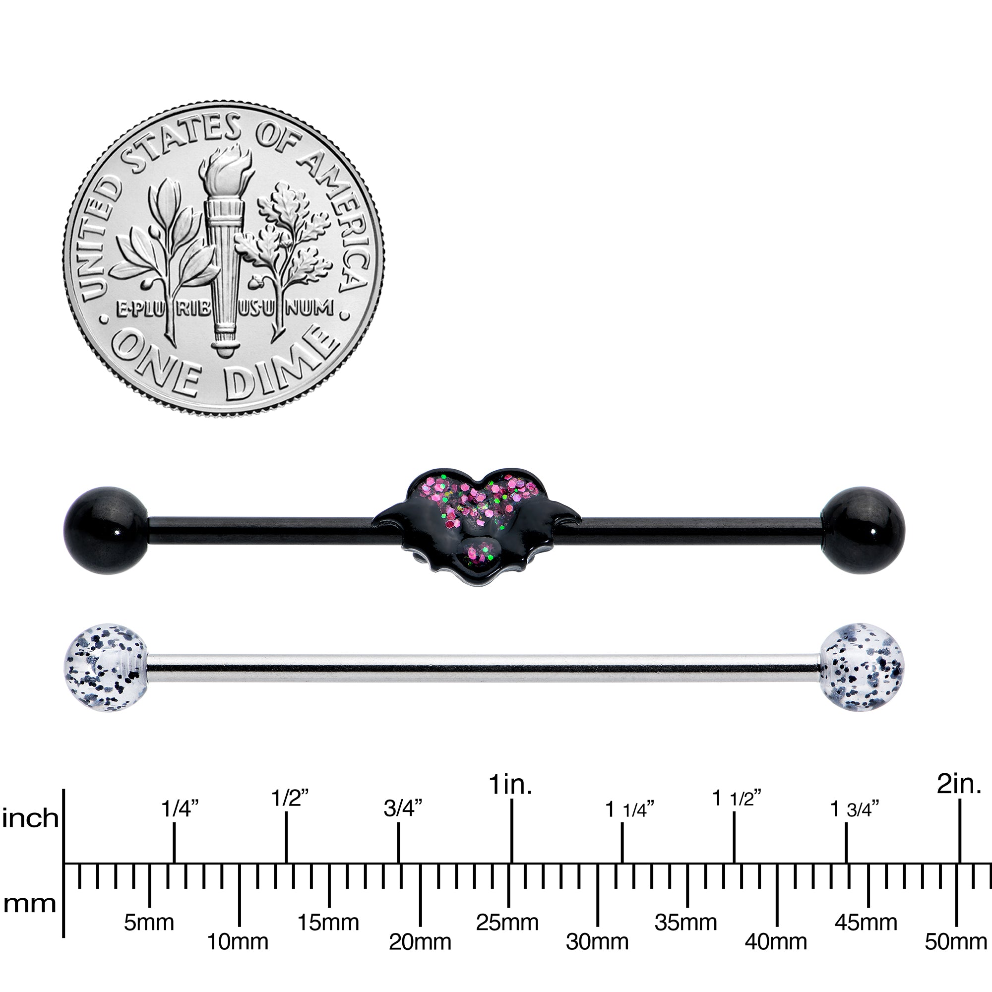 14 Gauge Black Bat Heart Halloween Clear Industrial Barbell 38mm Set of 2