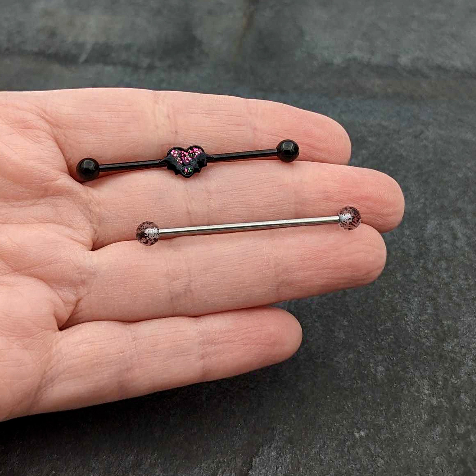 14 Gauge Black Bat Heart Halloween Clear Industrial Barbell 38mm Set of 2