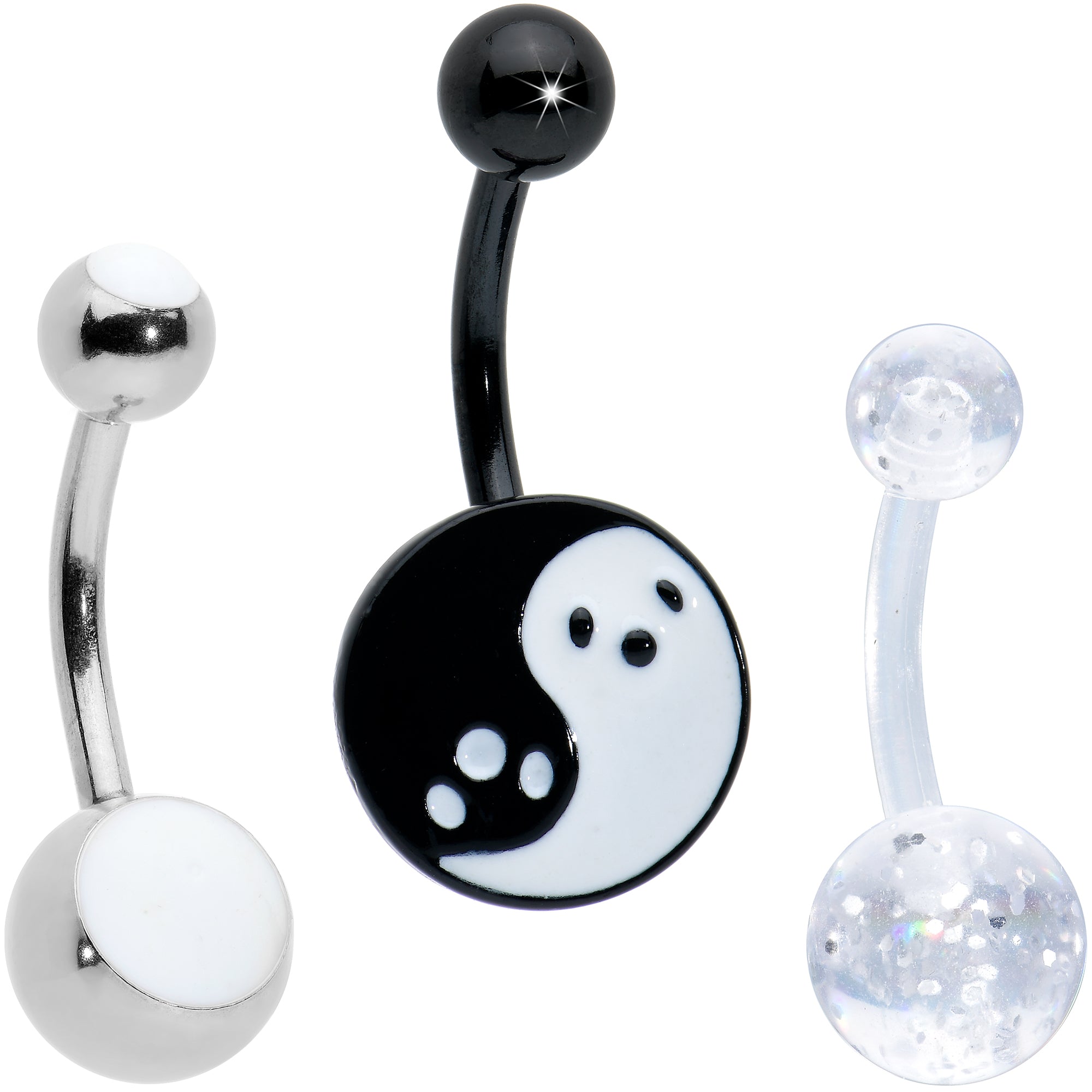 Black Yin Yang Ghost Glow in Dark Halloween Clear Belly Ring Set of 3