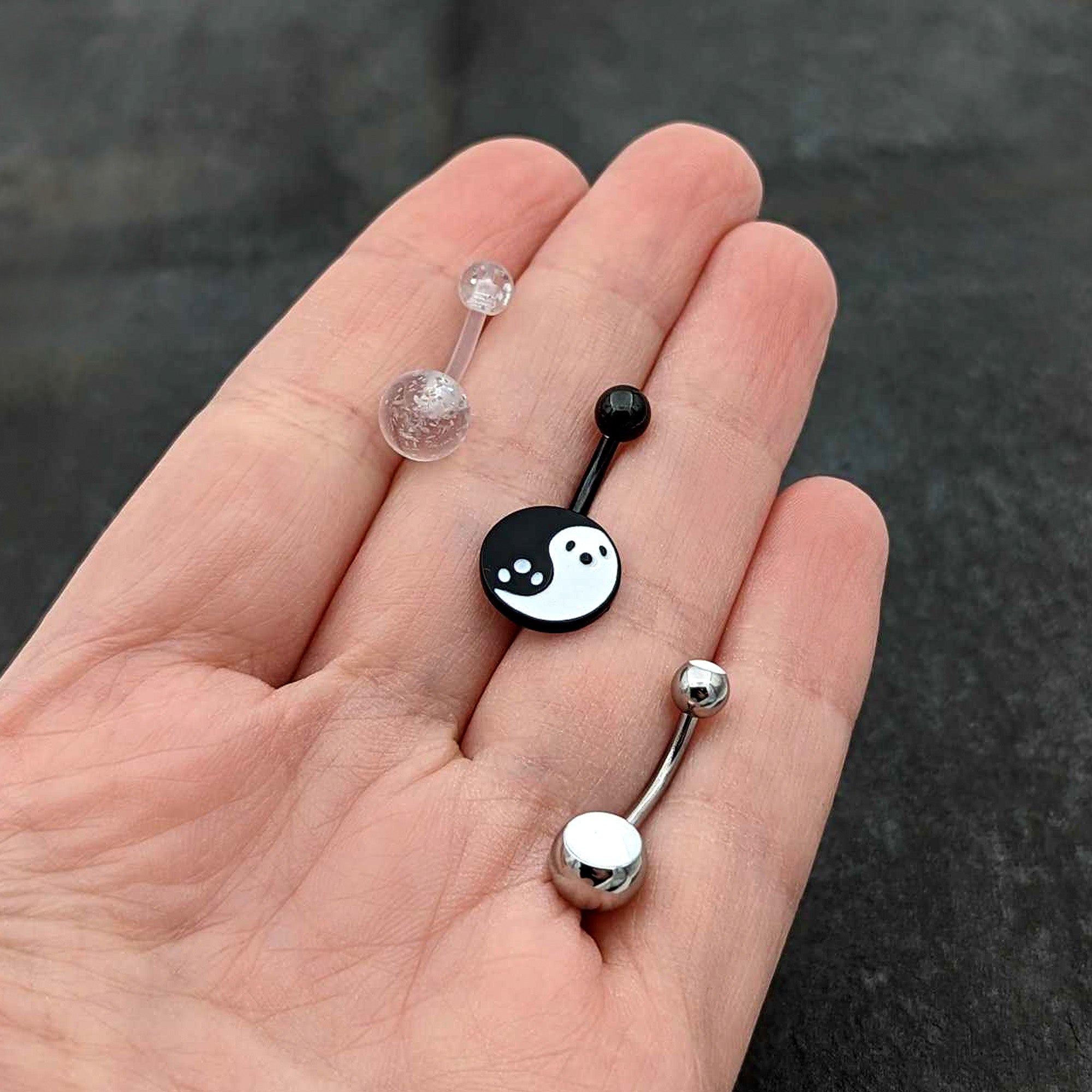 Black Yin Yang Ghost Glow in Dark Halloween Clear Belly Ring Set of 3