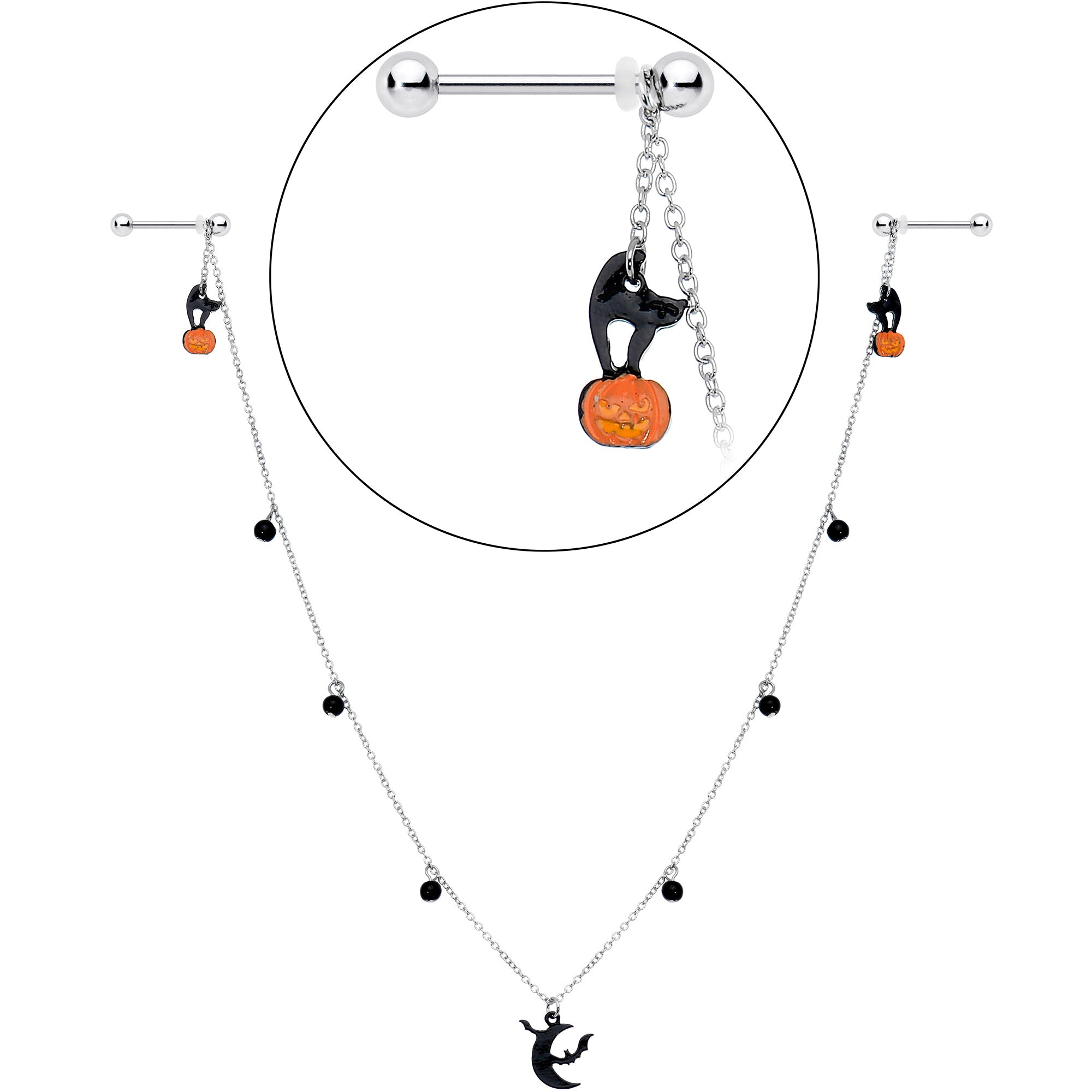 14 Gauge 9/16 Pumpkin Black Cat Moon Bats Dangle Halloween Nipple Chain