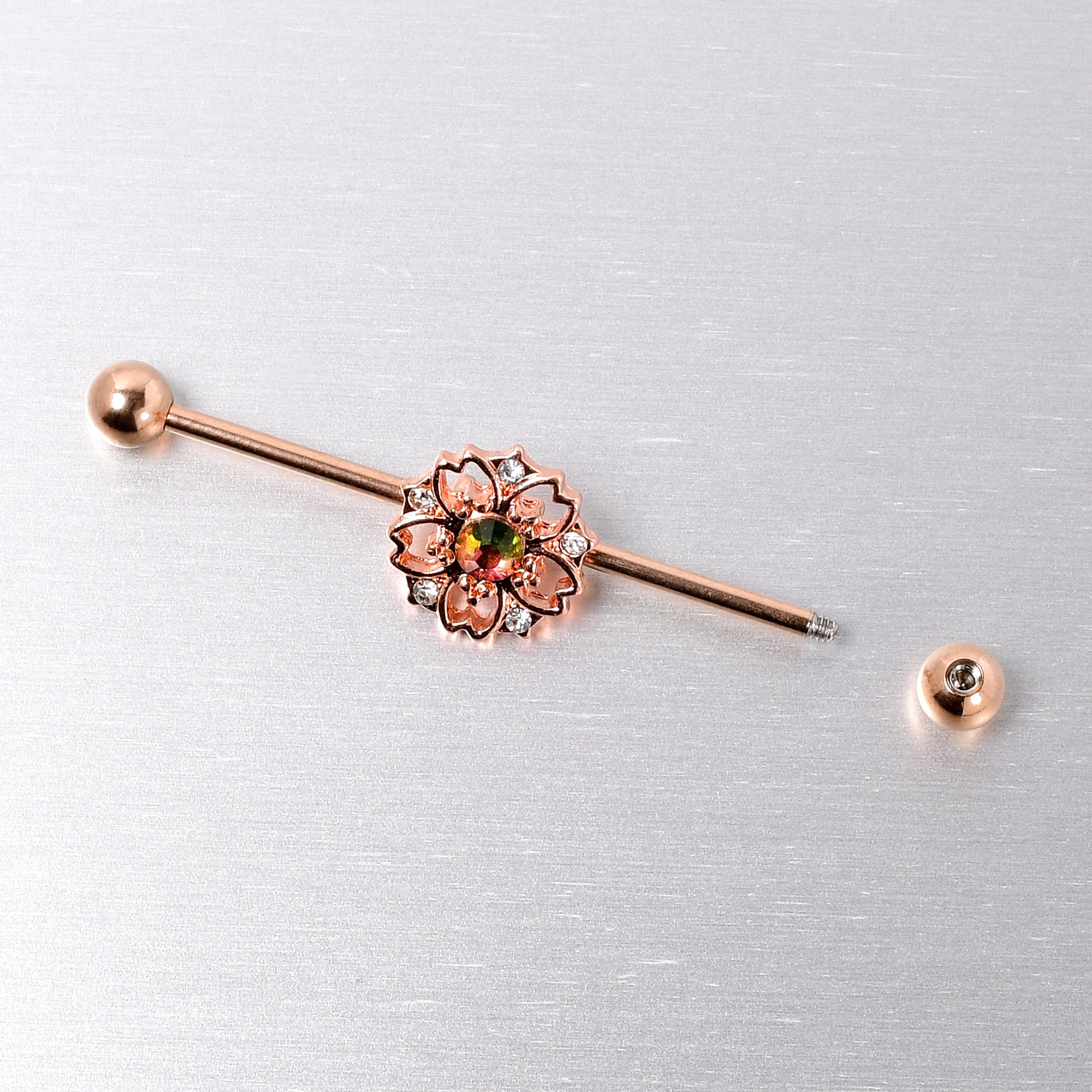 14 Gauge Dark Aurora Gem Rose Gold Tone Flower Industrial Barbell 38mm