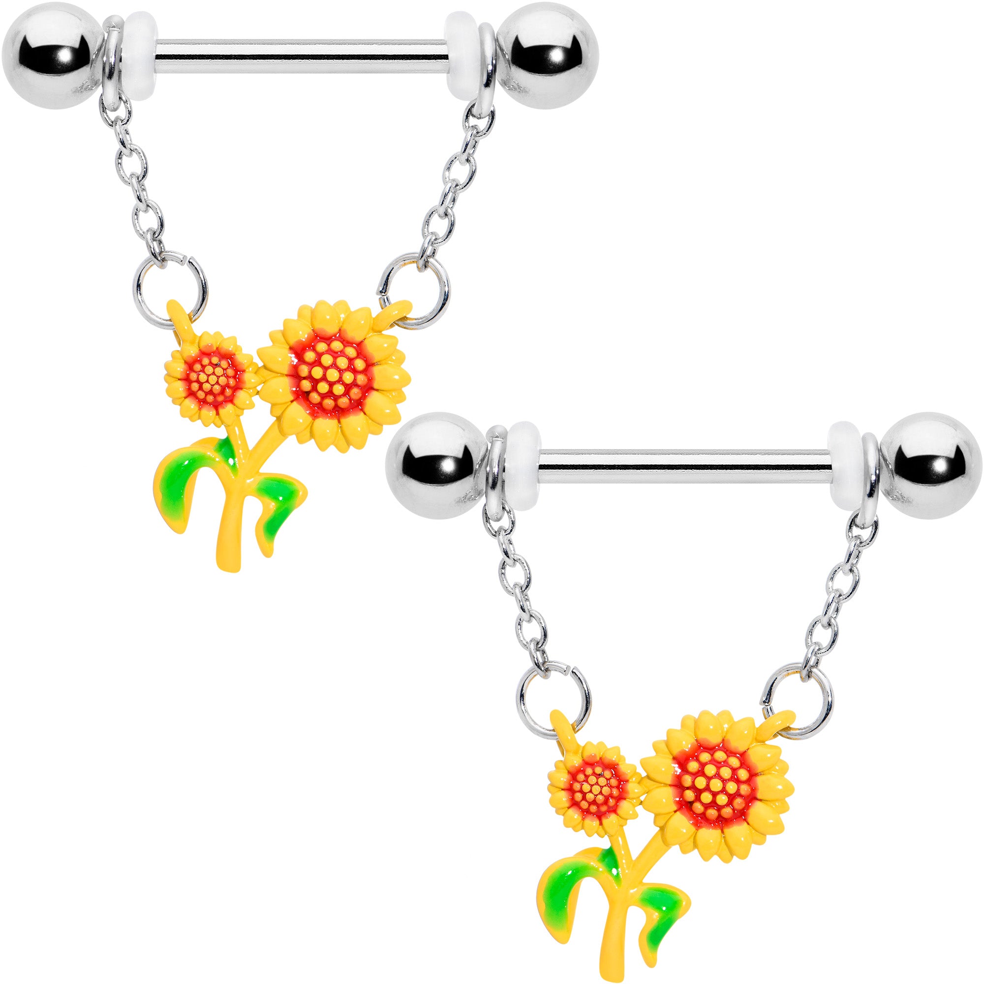 14 Gauge 9/16 Happy Sunflower Duo Chain Dangle Nipple Ring Set