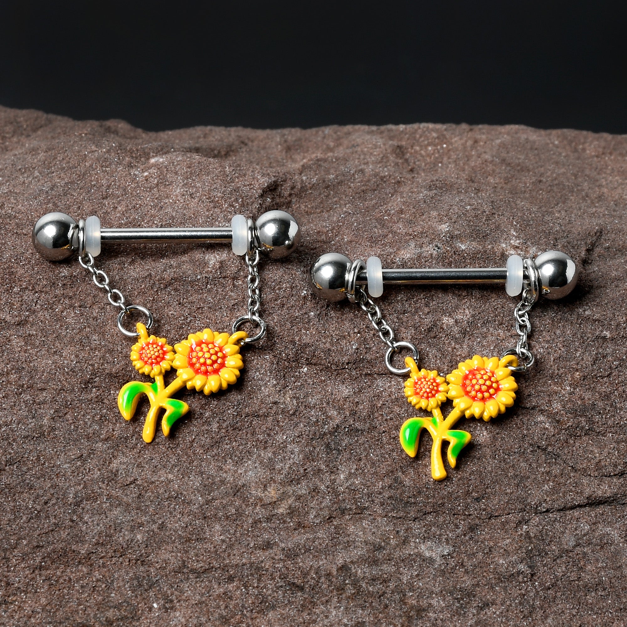 14 Gauge 9/16 Happy Sunflower Duo Chain Dangle Nipple Ring Set