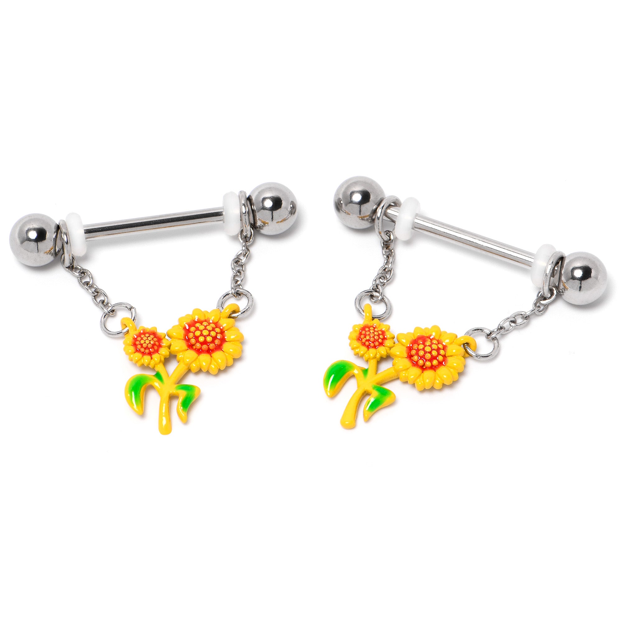 14 Gauge 9/16 Happy Sunflower Duo Chain Dangle Nipple Ring Set