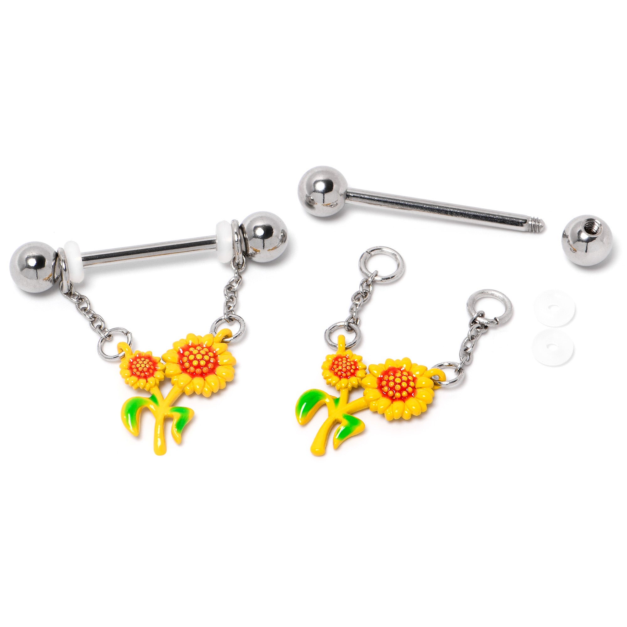 14 Gauge 9/16 Happy Sunflower Duo Chain Dangle Nipple Ring Set