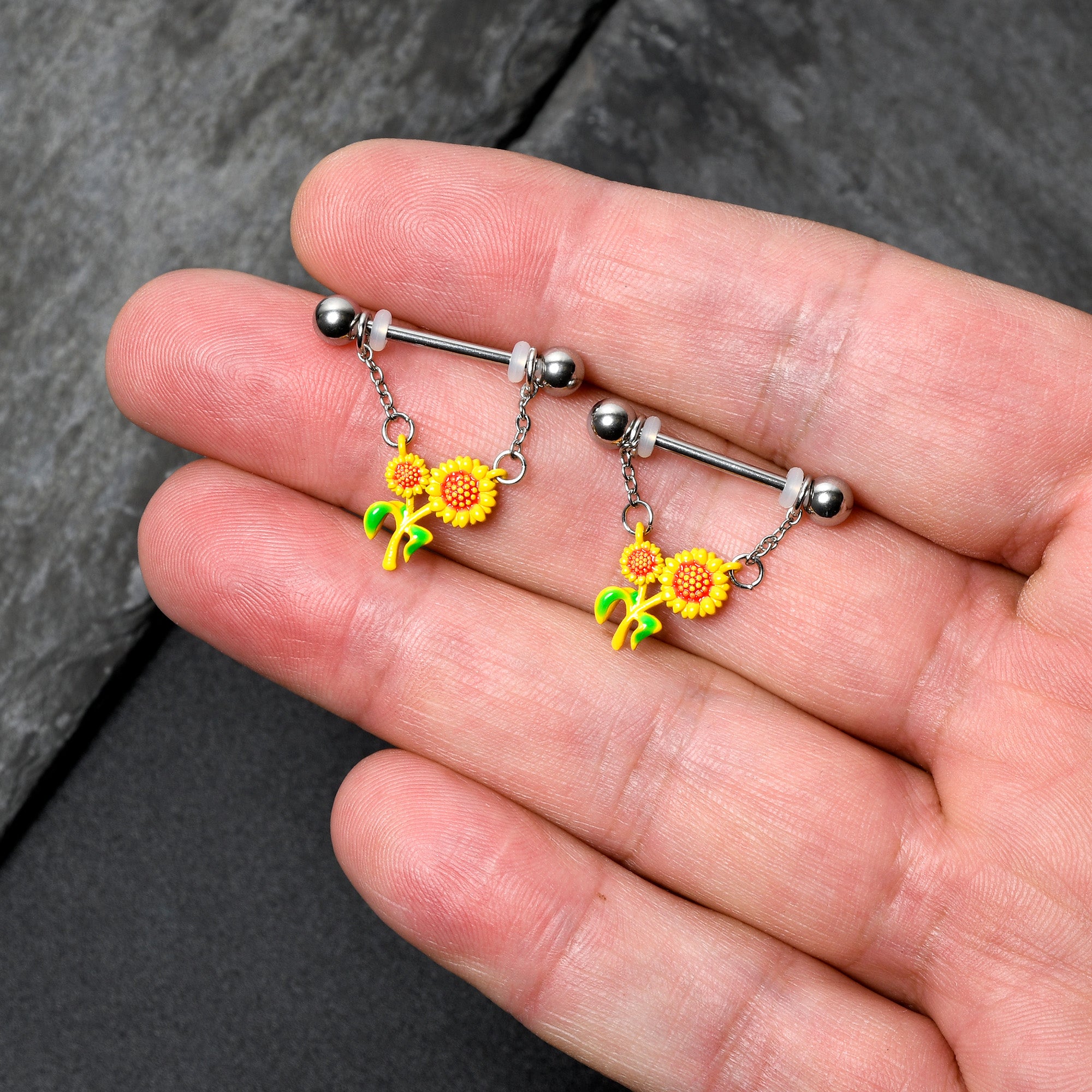 14 Gauge 9/16 Happy Sunflower Duo Chain Dangle Nipple Ring Set