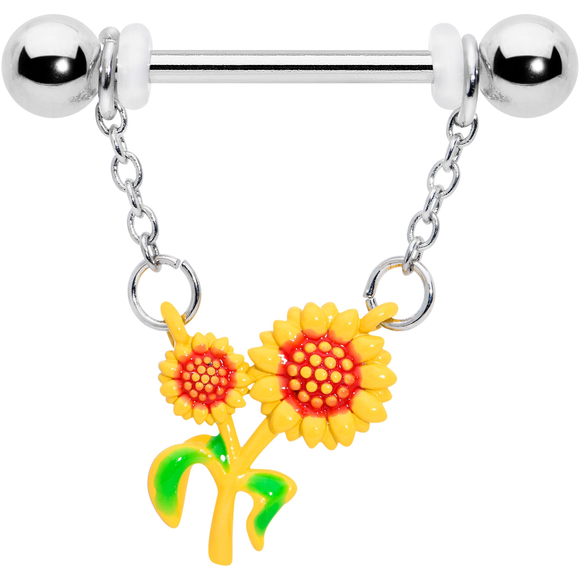 14 Gauge 9/16 Happy Sunflower Duo Chain Dangle Nipple Ring Set