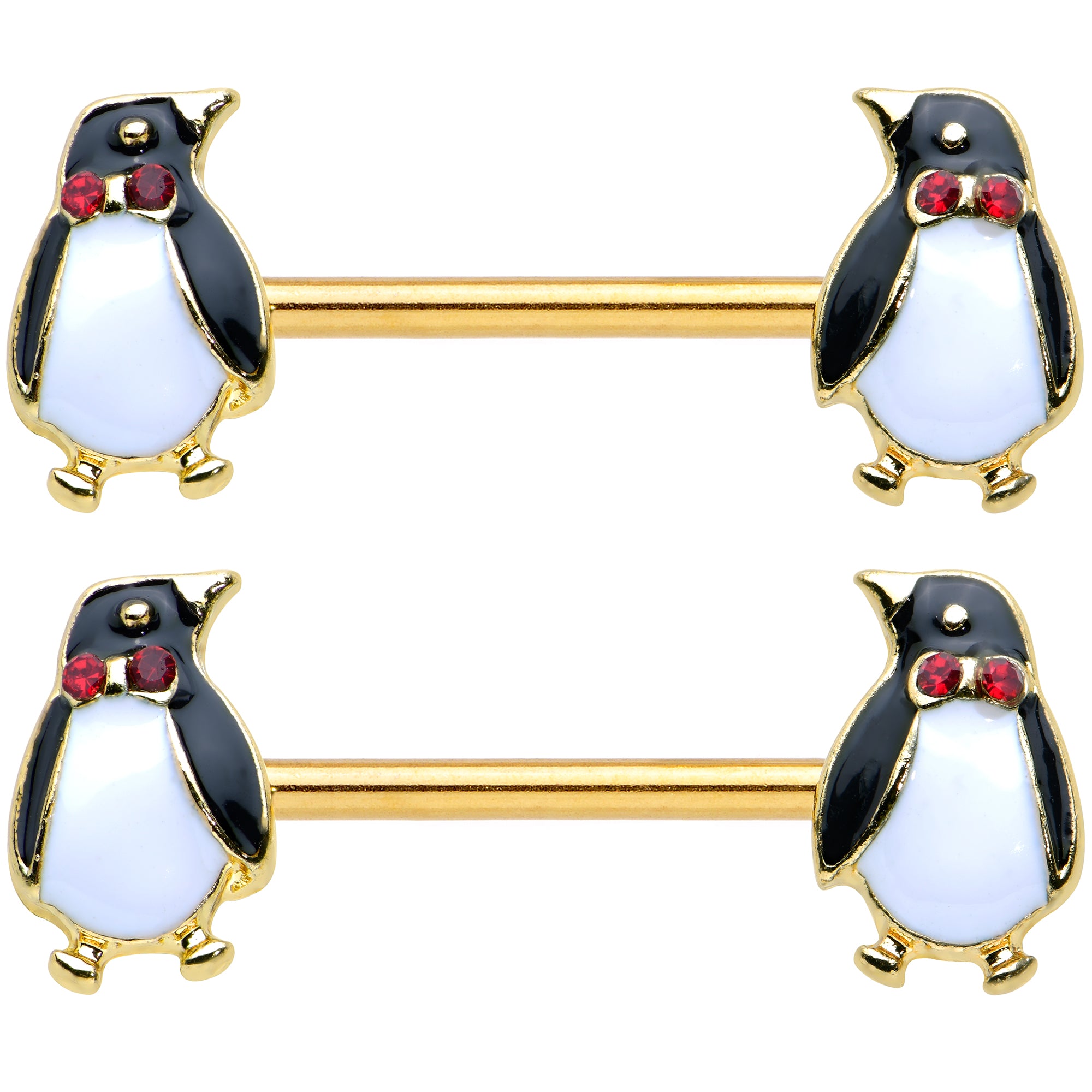 14 Gauge 9/16 Red Gem Gold Hue Bow Tie Penguin Barbell Nipple Ring Set