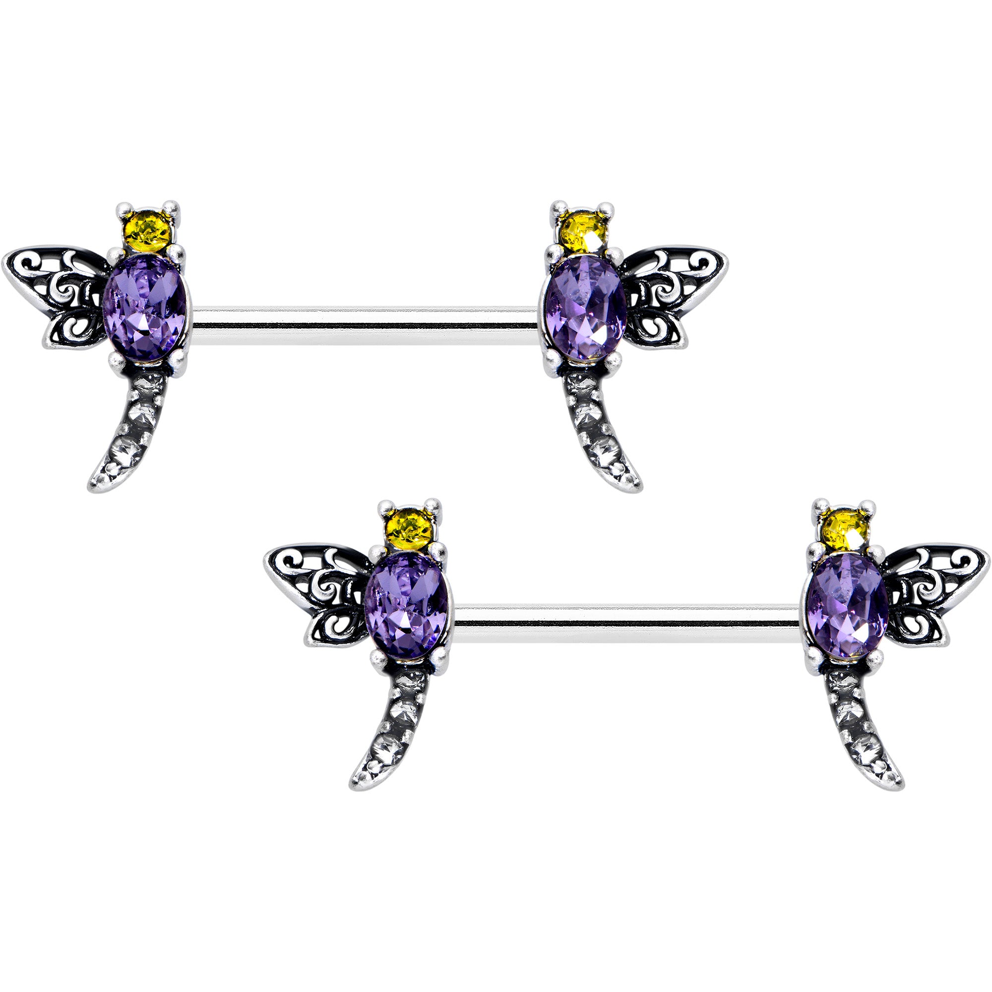 14 Gauge 9/16 Purple Yellow Gem Dragonfly Barbell Nipple Ring Set