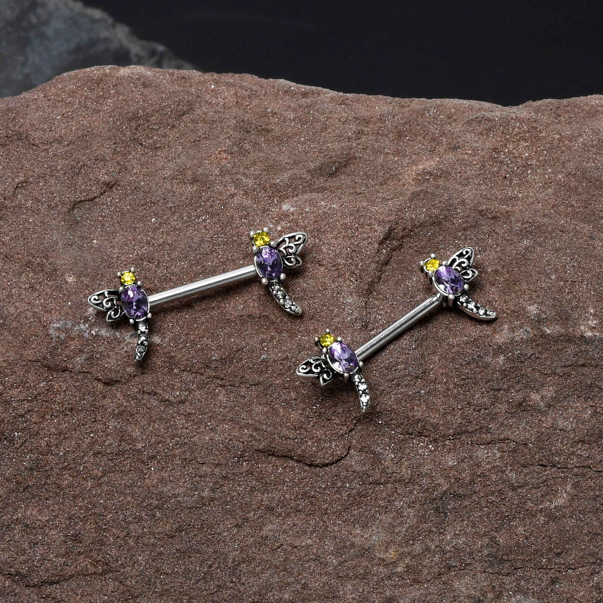 14 Gauge 9/16 Purple Yellow Gem Dragonfly Barbell Nipple Ring Set