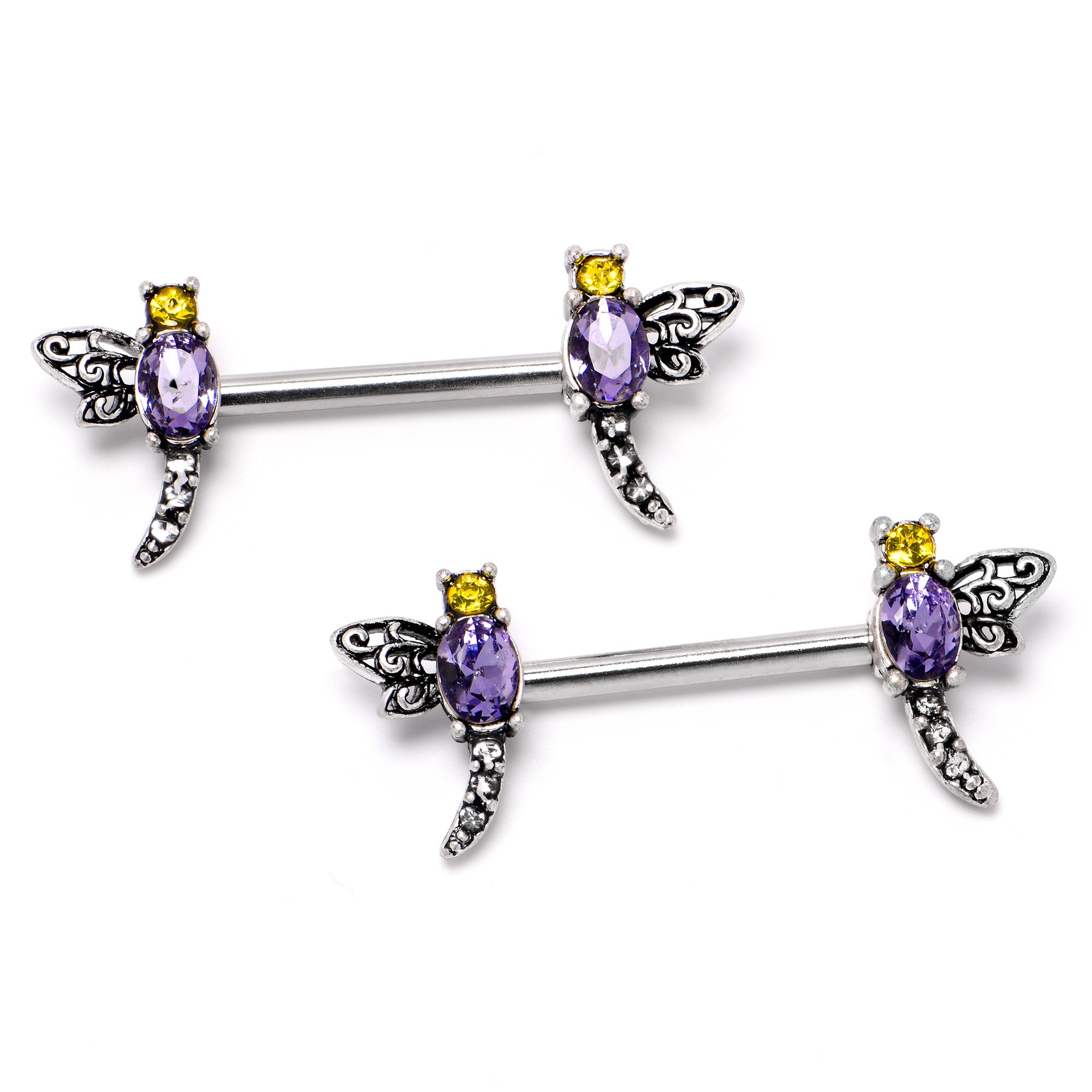 14 Gauge 9/16 Purple Yellow Gem Dragonfly Barbell Nipple Ring Set