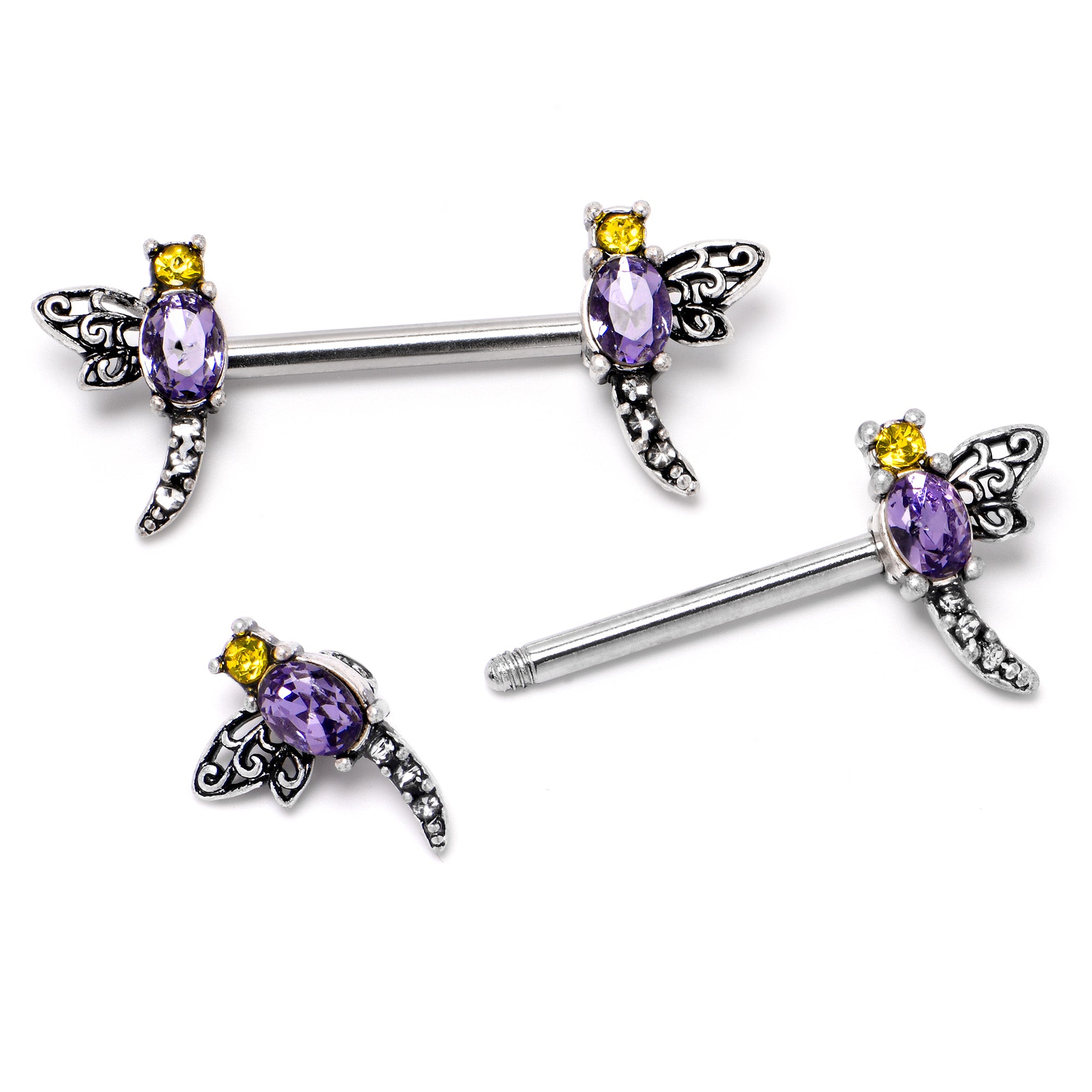 14 Gauge 9/16 Purple Yellow Gem Dragonfly Barbell Nipple Ring Set