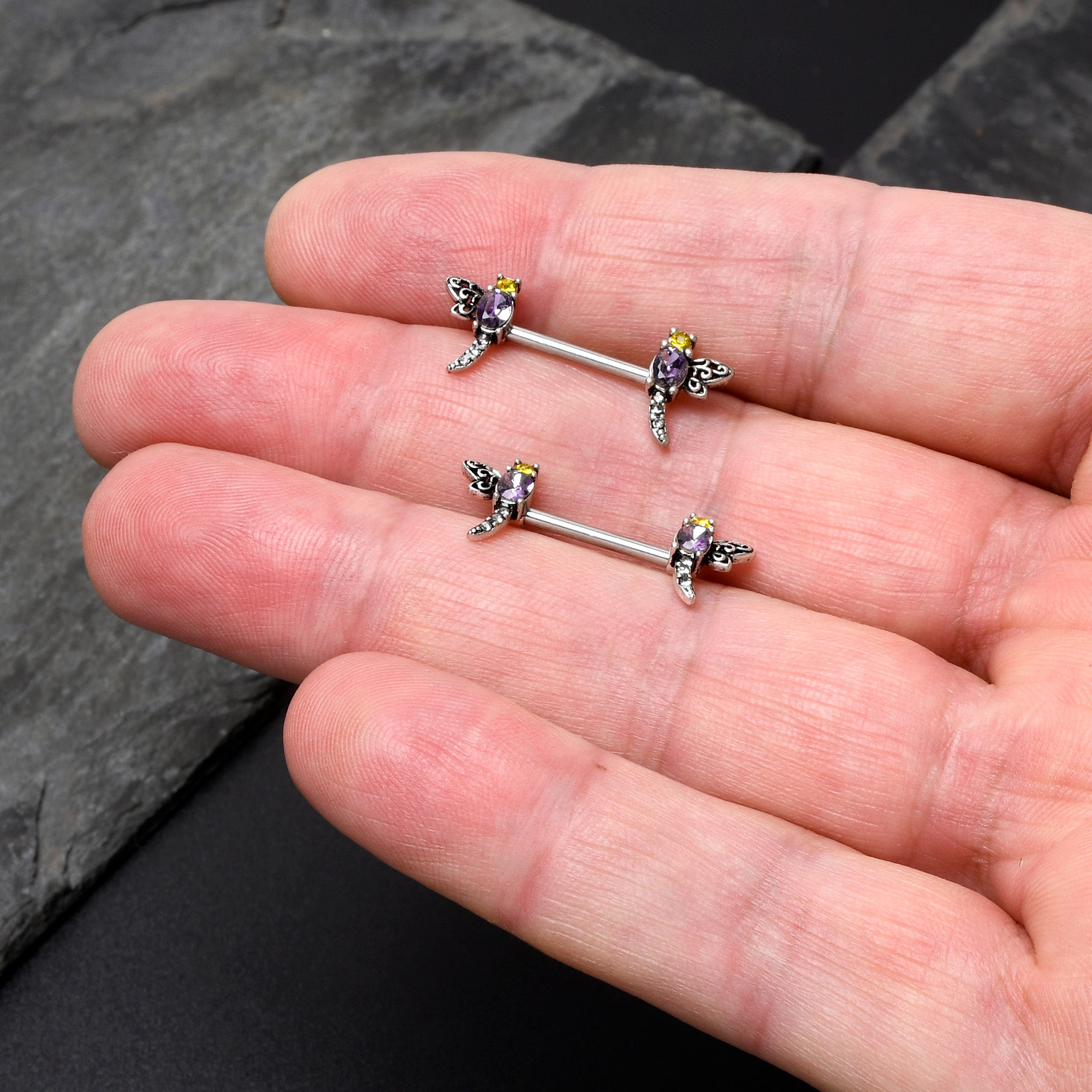 14 Gauge 9/16 Purple Yellow Gem Dragonfly Barbell Nipple Ring Set