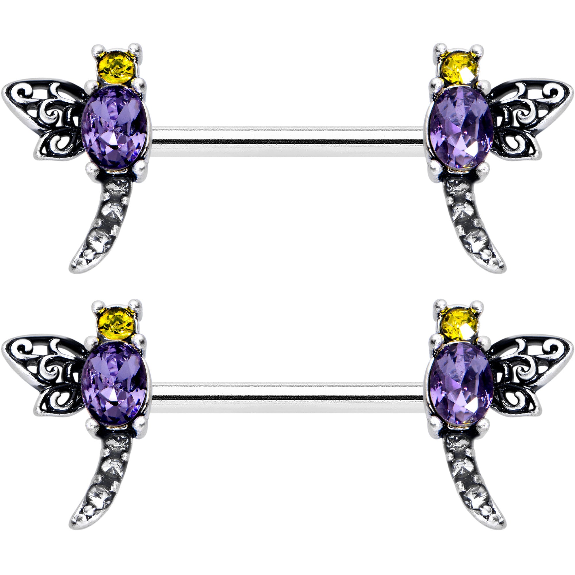 14 Gauge 9/16 Purple Yellow Gem Dragonfly Barbell Nipple Ring Set