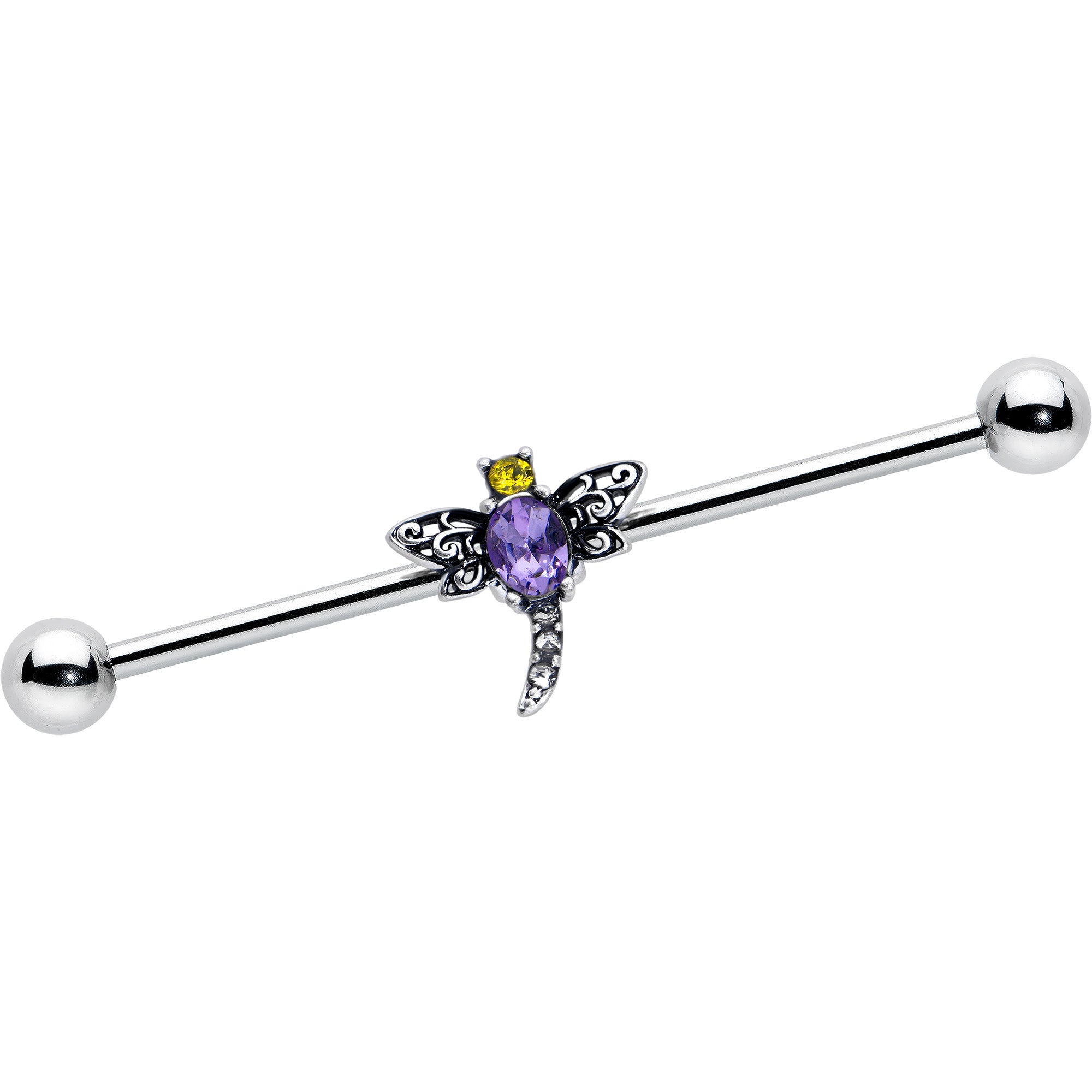 14 Gauge Purple Yellow Gem Dragonfly Industrial Barbell 38mm