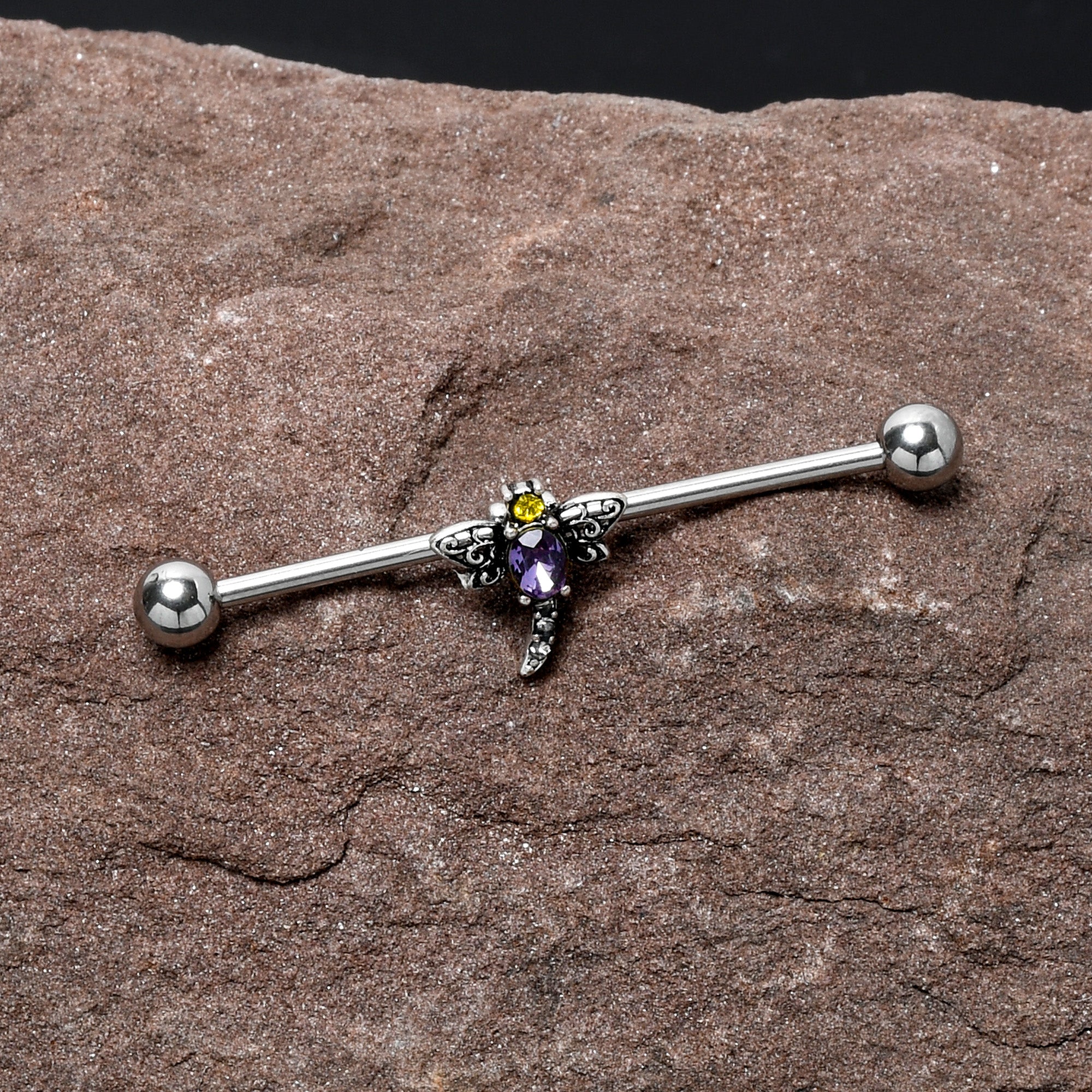 14 Gauge Purple Yellow Gem Dragonfly Industrial Barbell 38mm