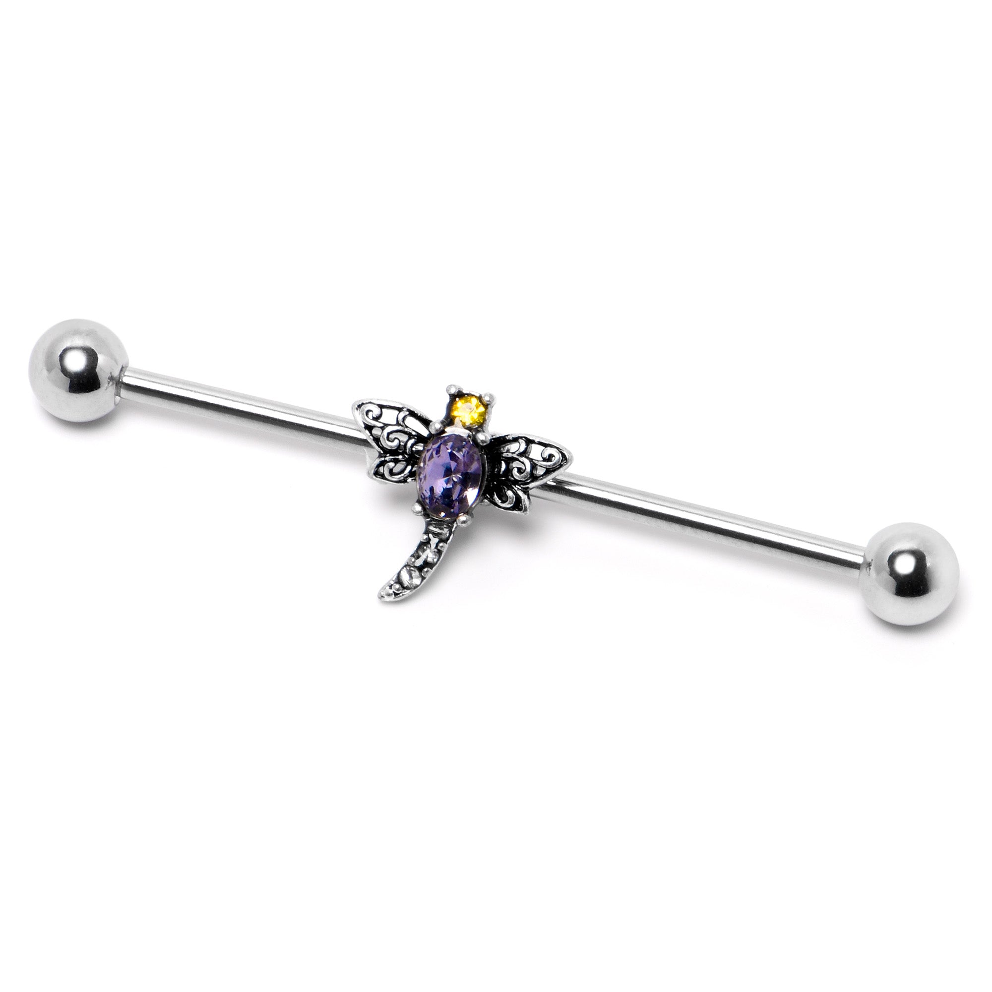 14 Gauge Purple Yellow Gem Dragonfly Industrial Barbell 38mm