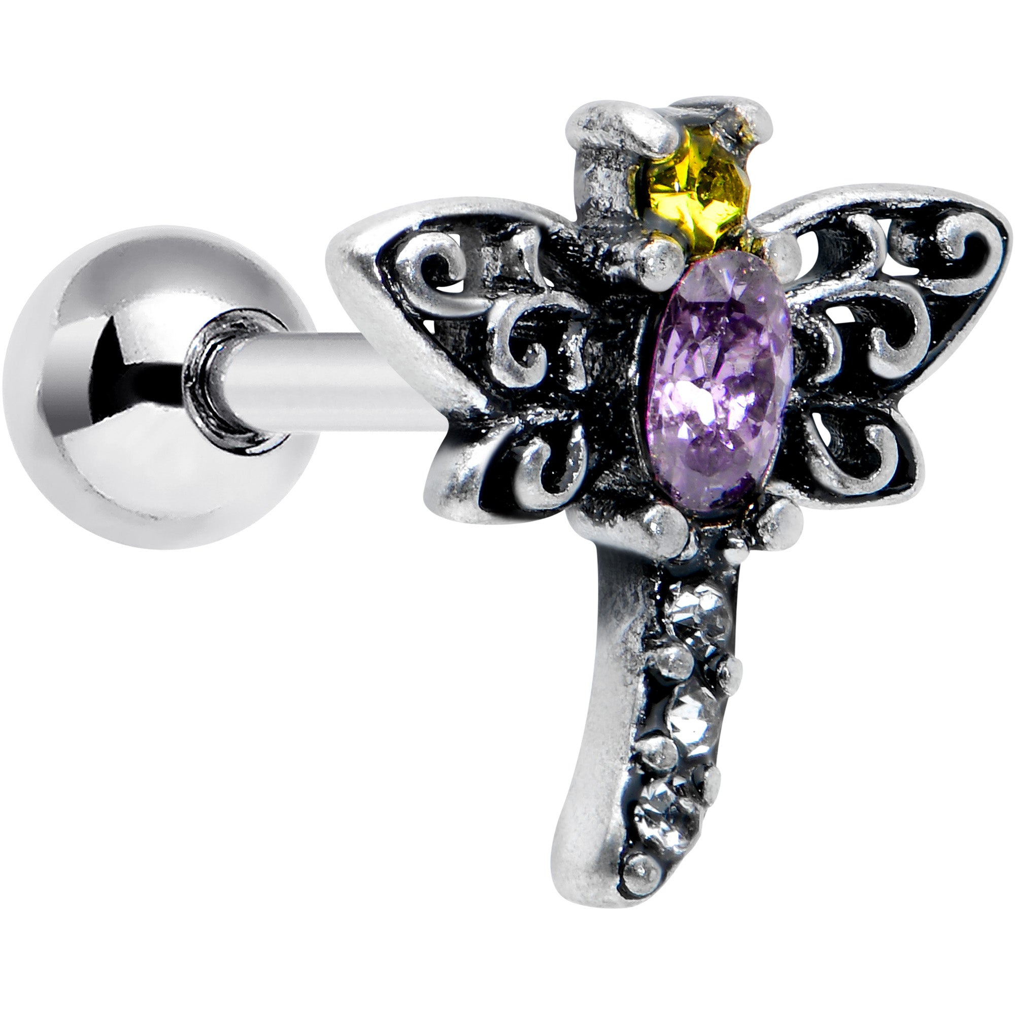 16 Gauge 1/4 Yellow Purple Gem Dragonfly Cartilage Tragus Earring