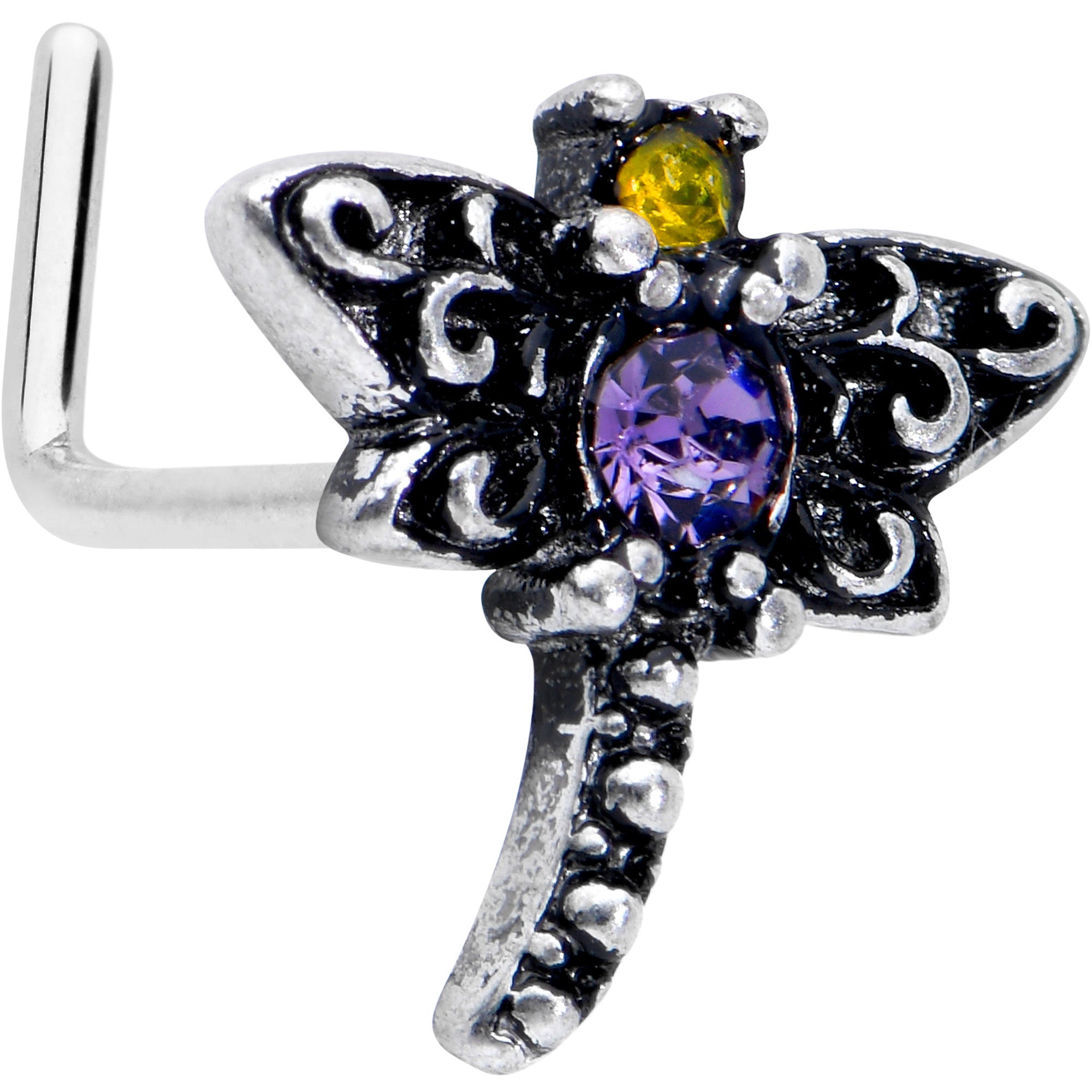 20 Gauge 7mm Purple Yellow Gem Dragonfly L Shape Nose Ring