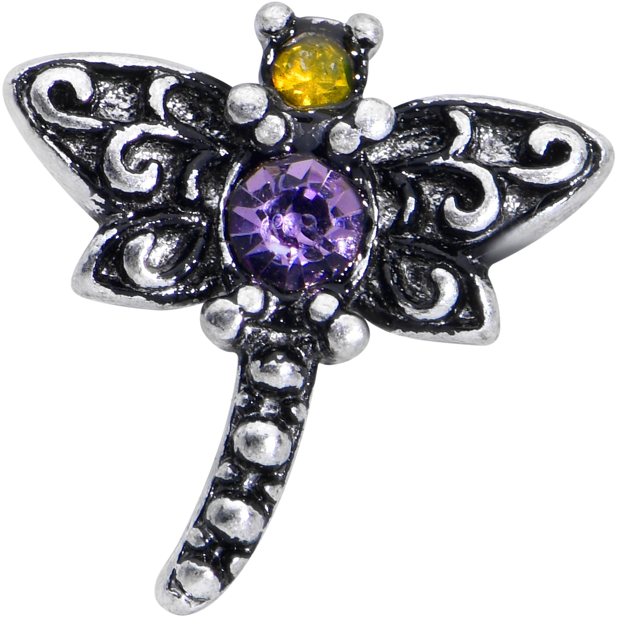 20 Gauge 7mm Purple Yellow Gem Dragonfly L Shape Nose Ring