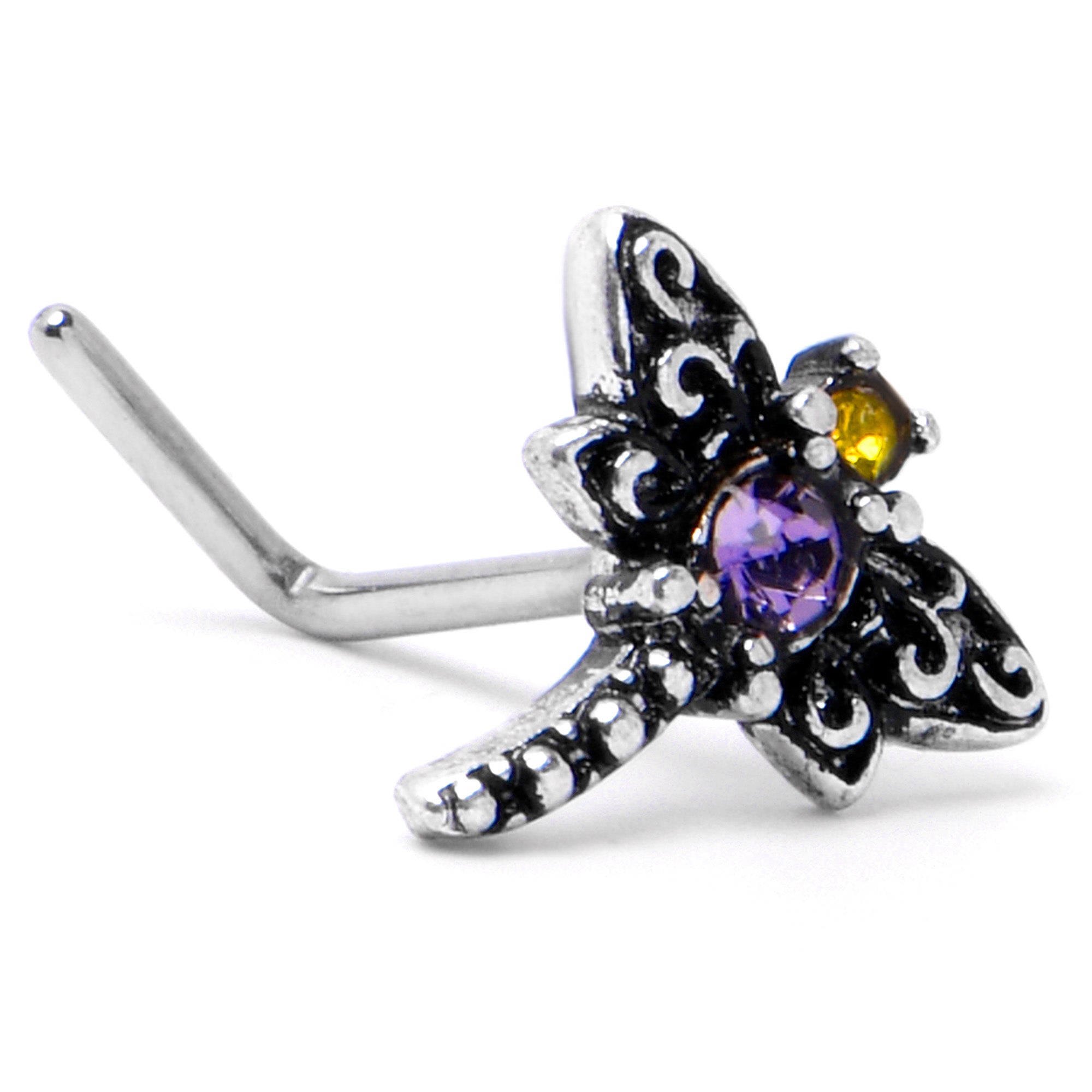 20 Gauge 7mm Purple Yellow Gem Dragonfly L Shape Nose Ring