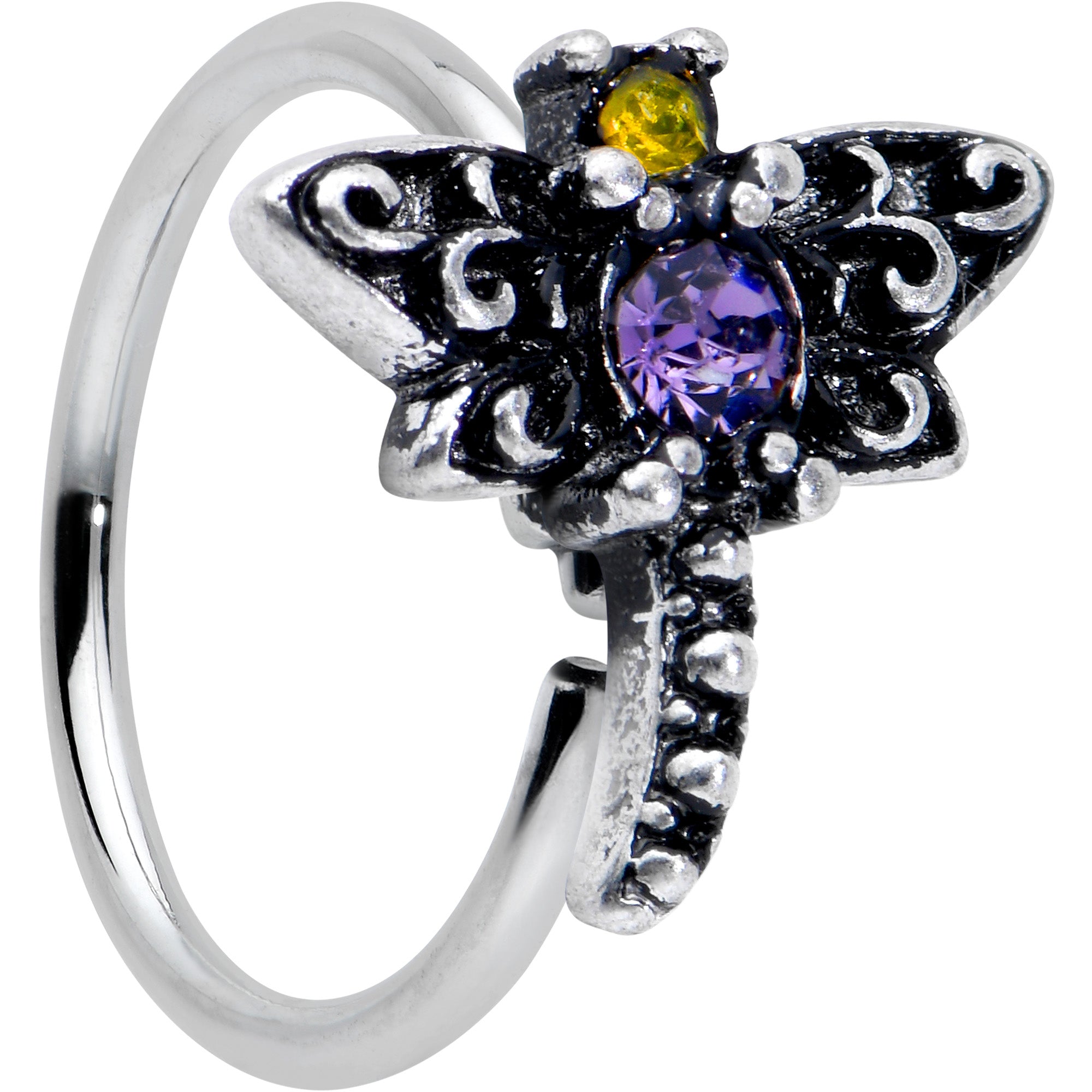 20 Gauge 5/16 Purple Yellow Gem Dragonfly Nose Hoop