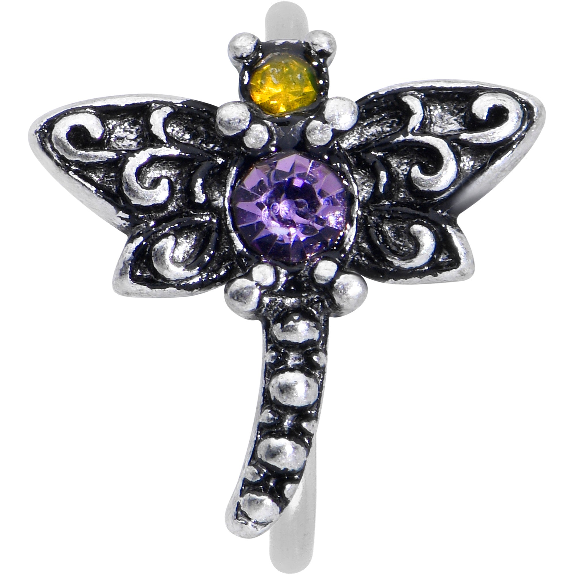 20 Gauge 5/16 Purple Yellow Gem Dragonfly Nose Hoop