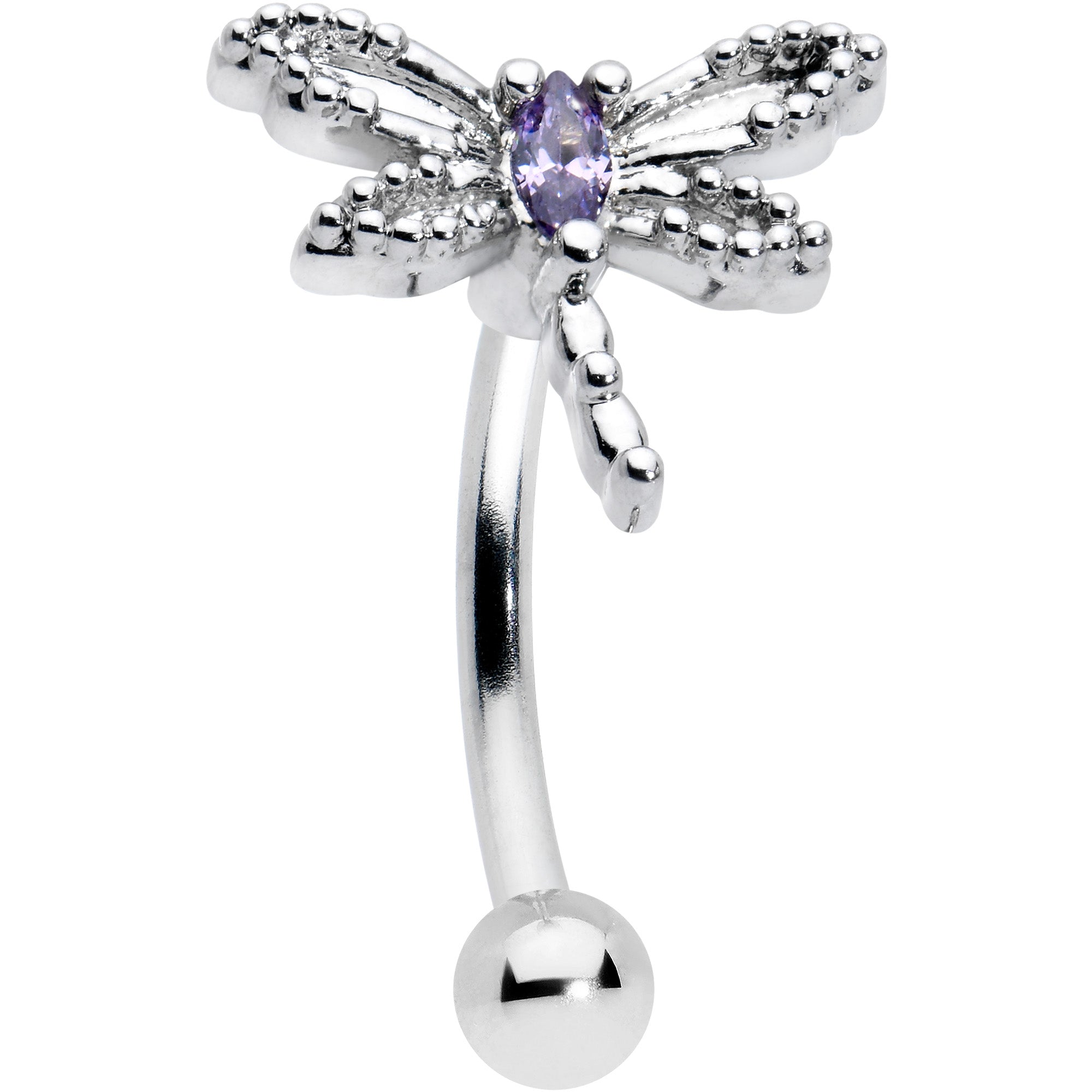 16 Gauge 5/16 Purple CZ Gem Open Dragonfly Curved Eyebrow Ring