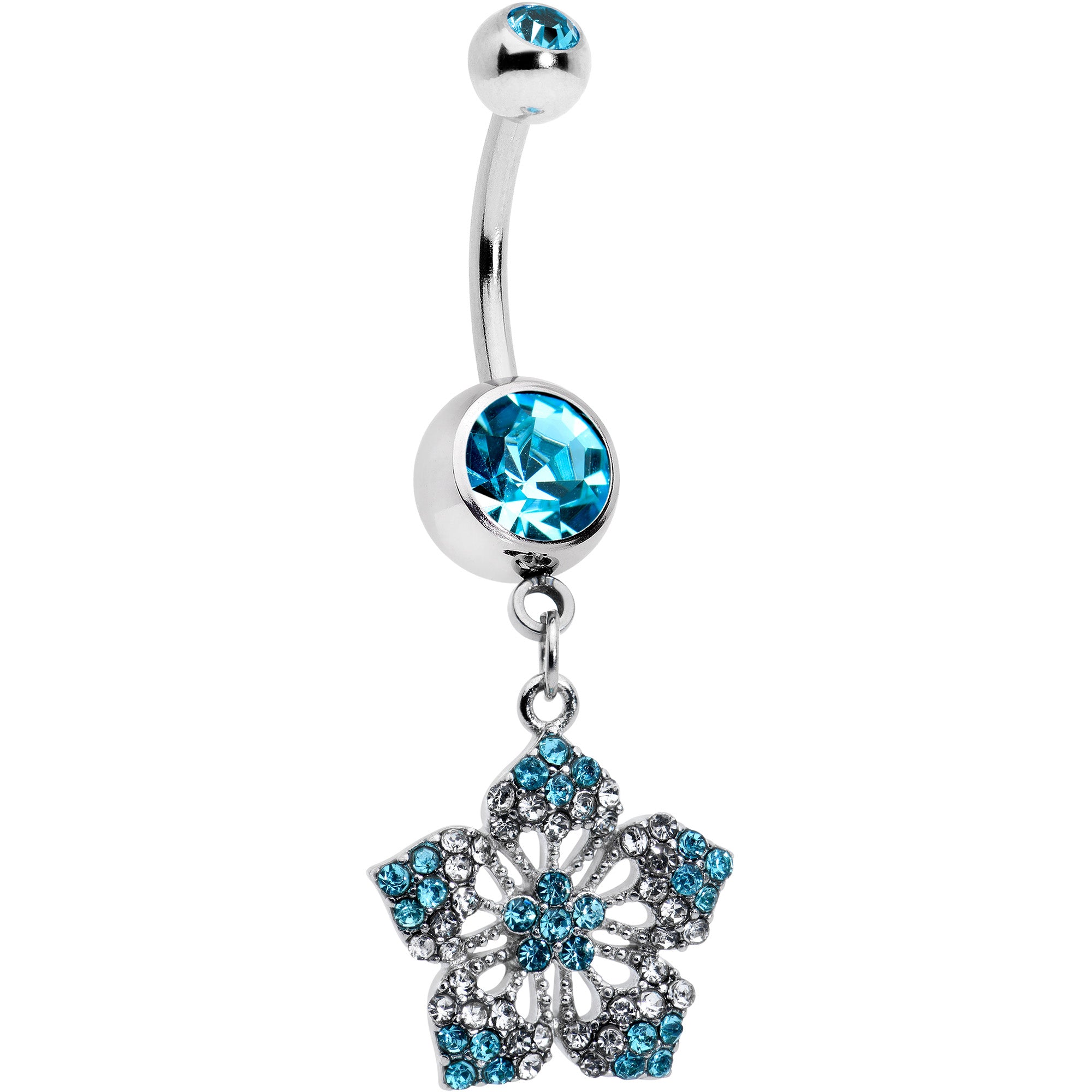 Blue Gem Twin Flower Dangle Belly Ring