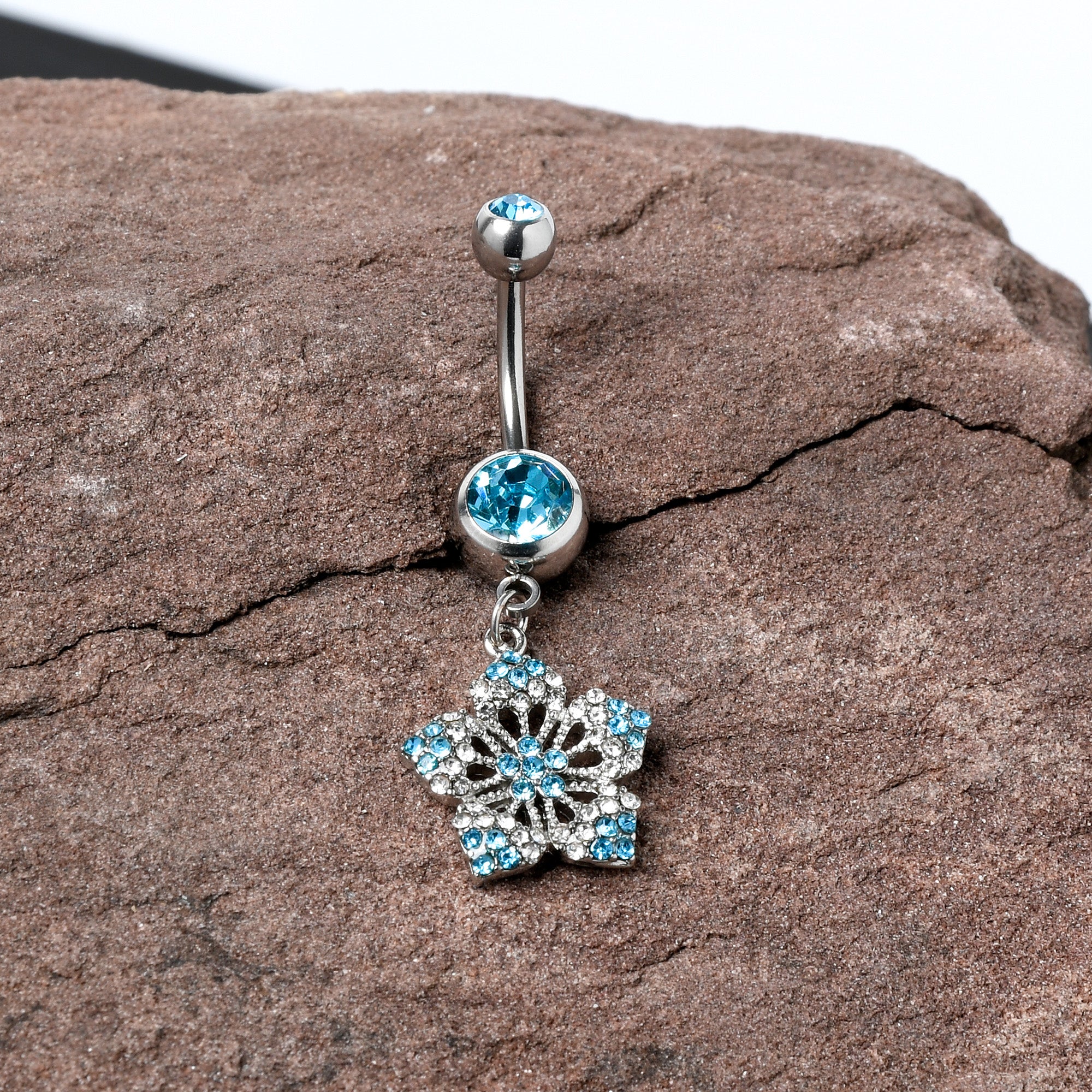 Blue Gem Twin Flower Dangle Belly Ring