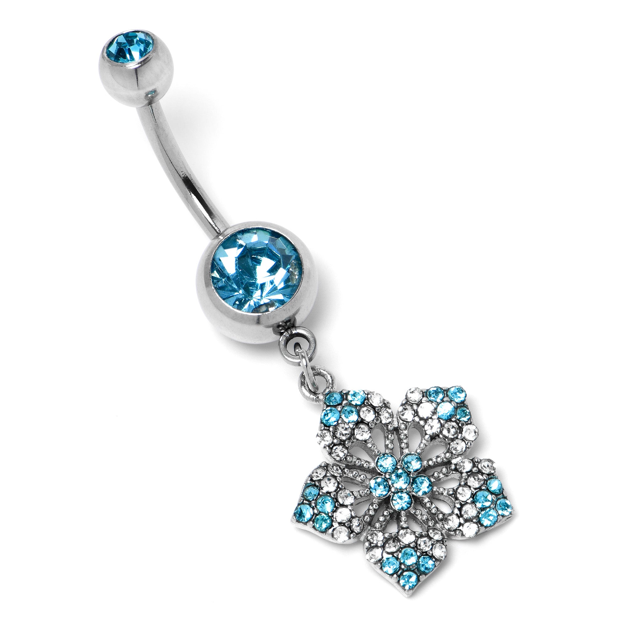 Blue Gem Twin Flower Dangle Belly Ring