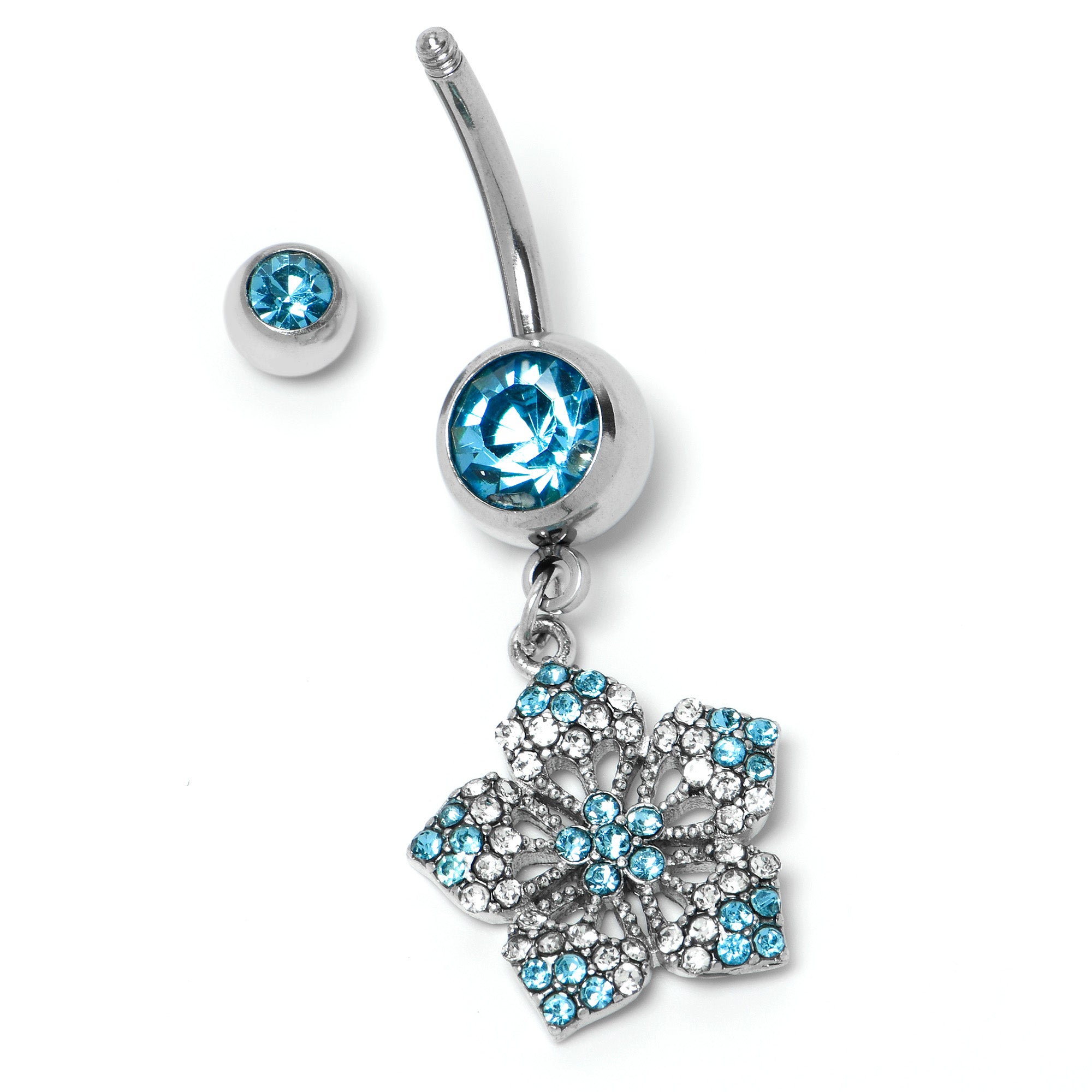 Blue Gem Twin Flower Dangle Belly Ring