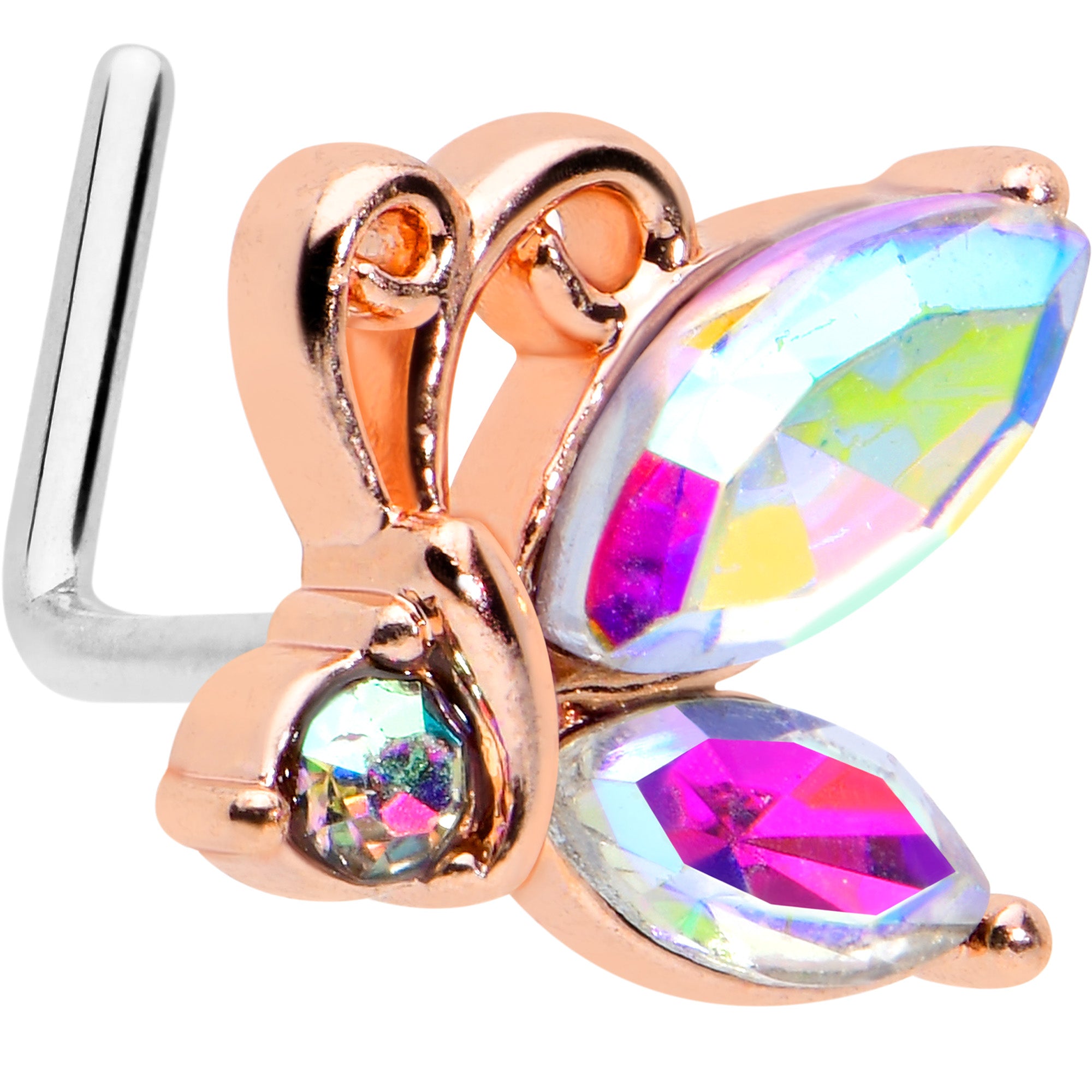 20 Gauge 7mm Aurora CZ Gem Fleur de Lis Rosy Butterfly L Shape Nose Ring