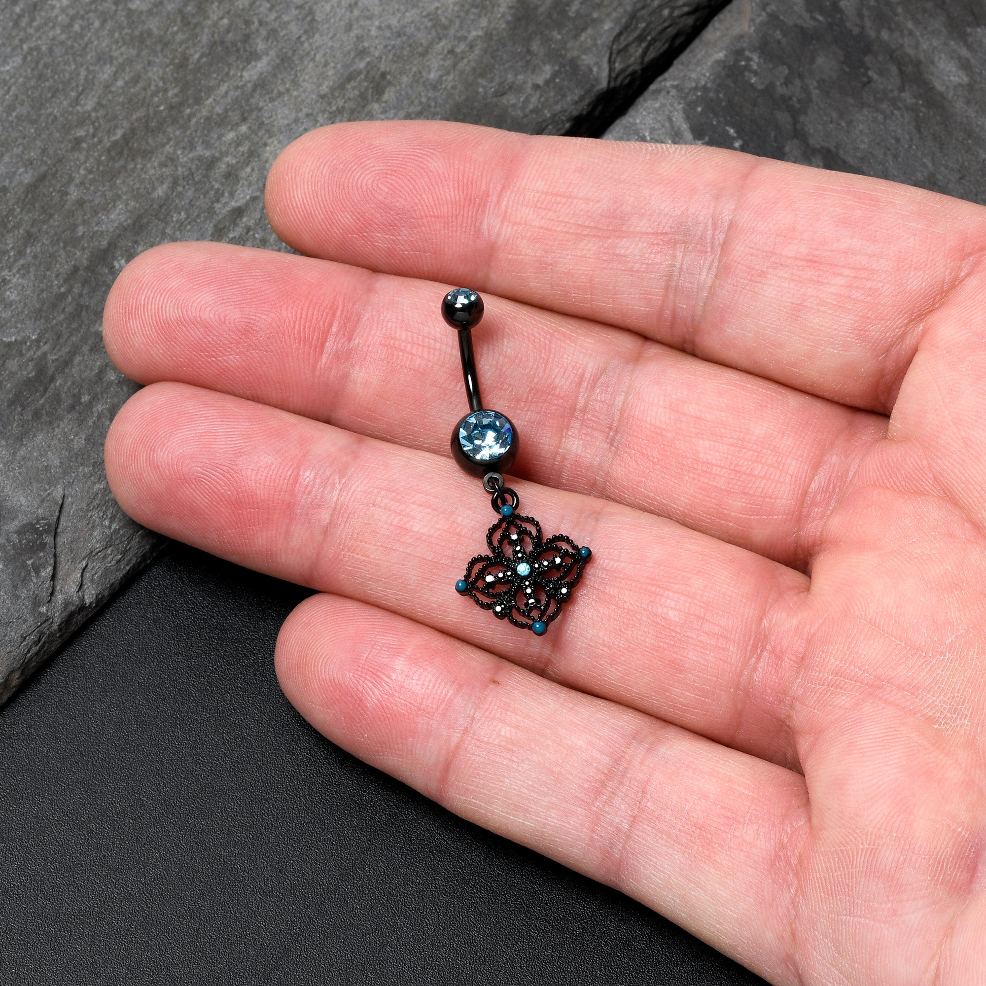 Blue Gem Black Lacy Rhombus Dangle Belly Ring