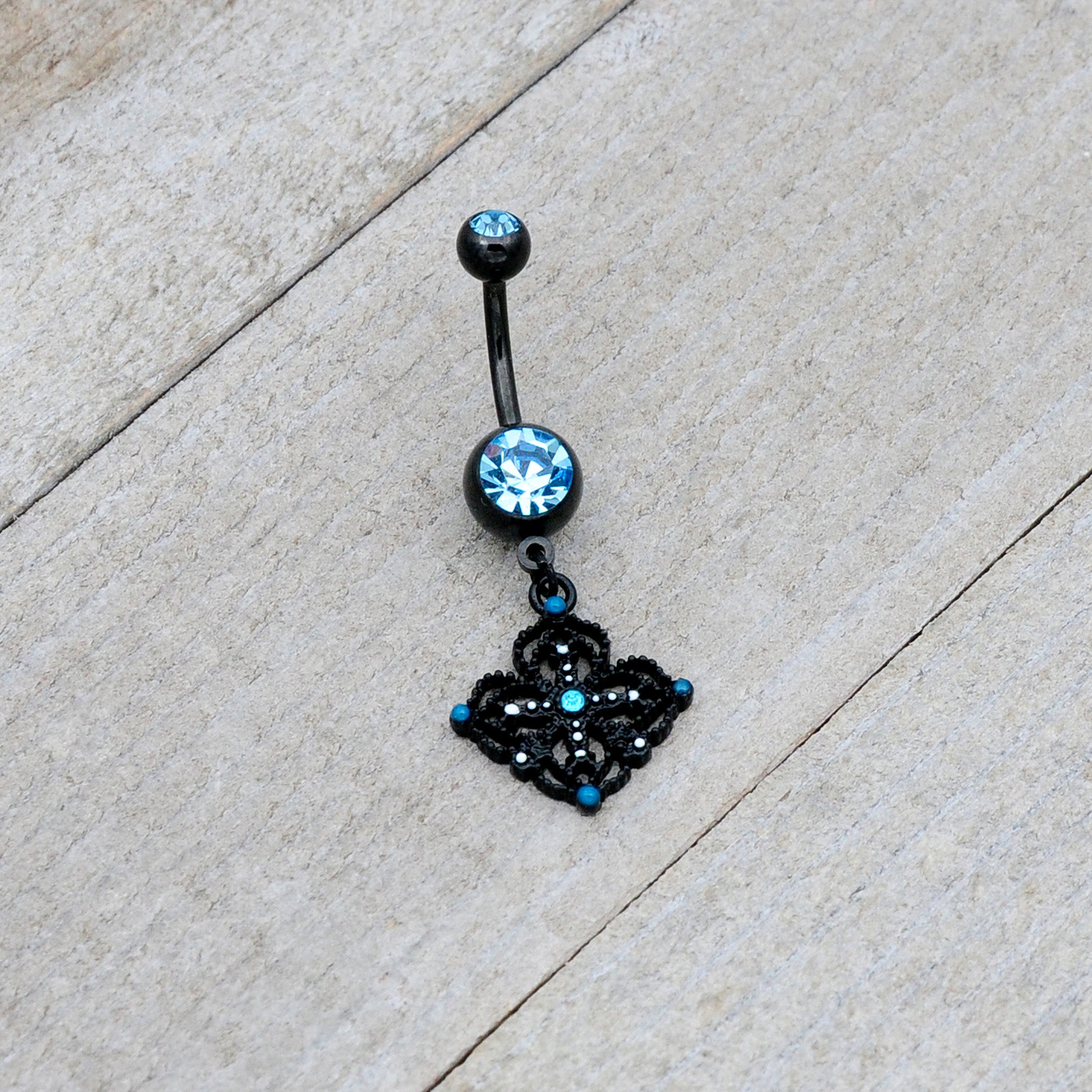 Blue Gem Black Lacy Rhombus Dangle Belly Ring