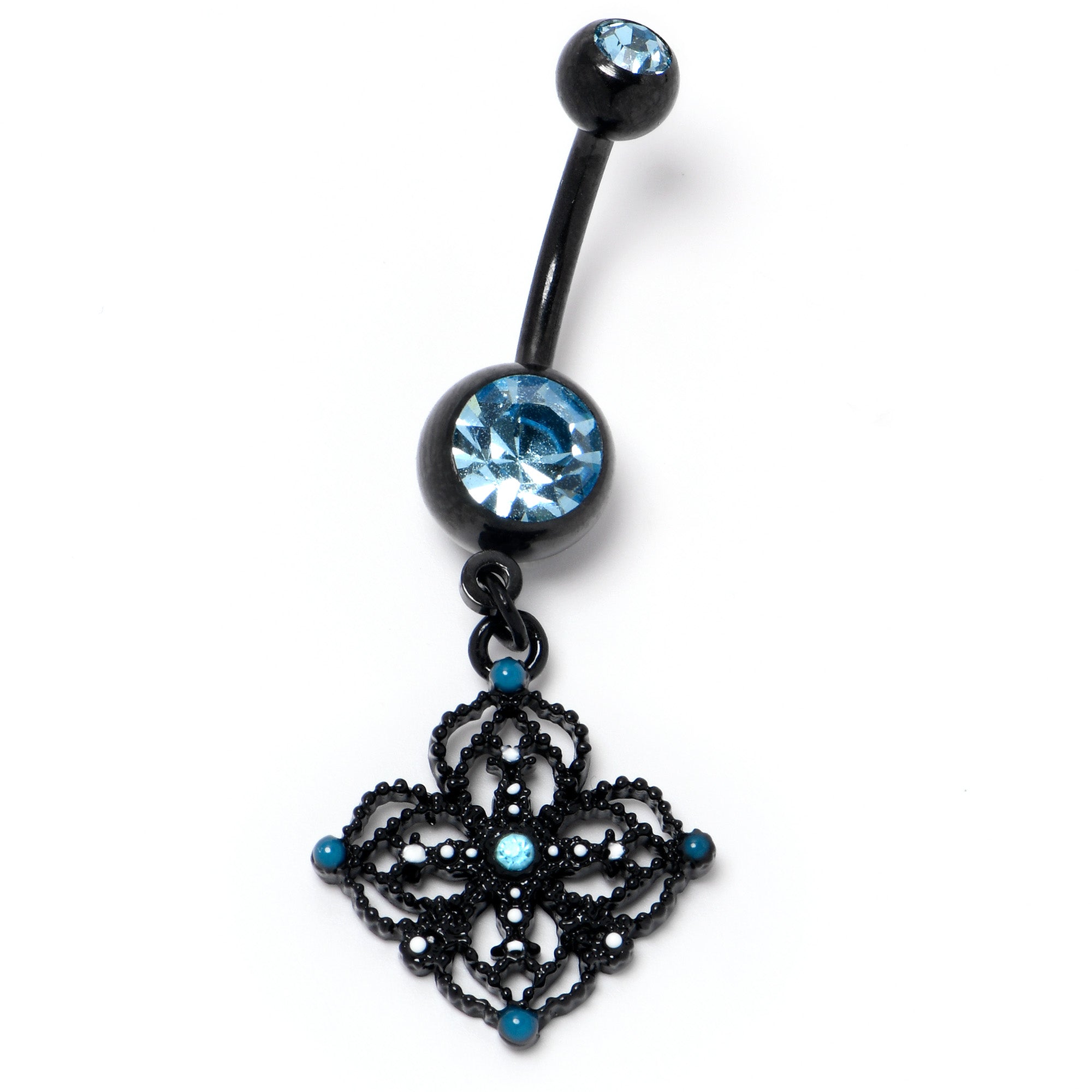 Blue Gem Black Lacy Rhombus Dangle Belly Ring