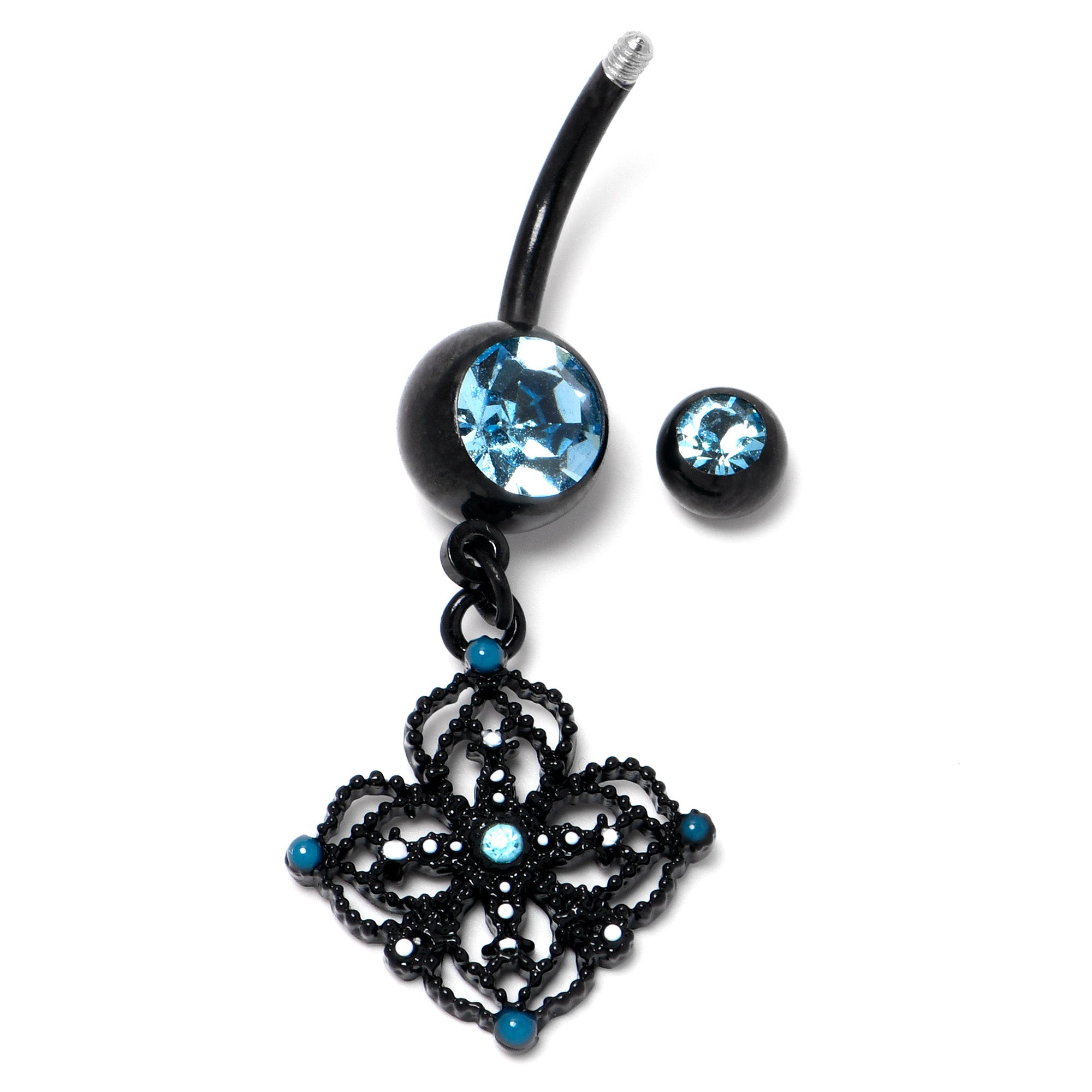 Blue Gem Black Lacy Rhombus Dangle Belly Ring