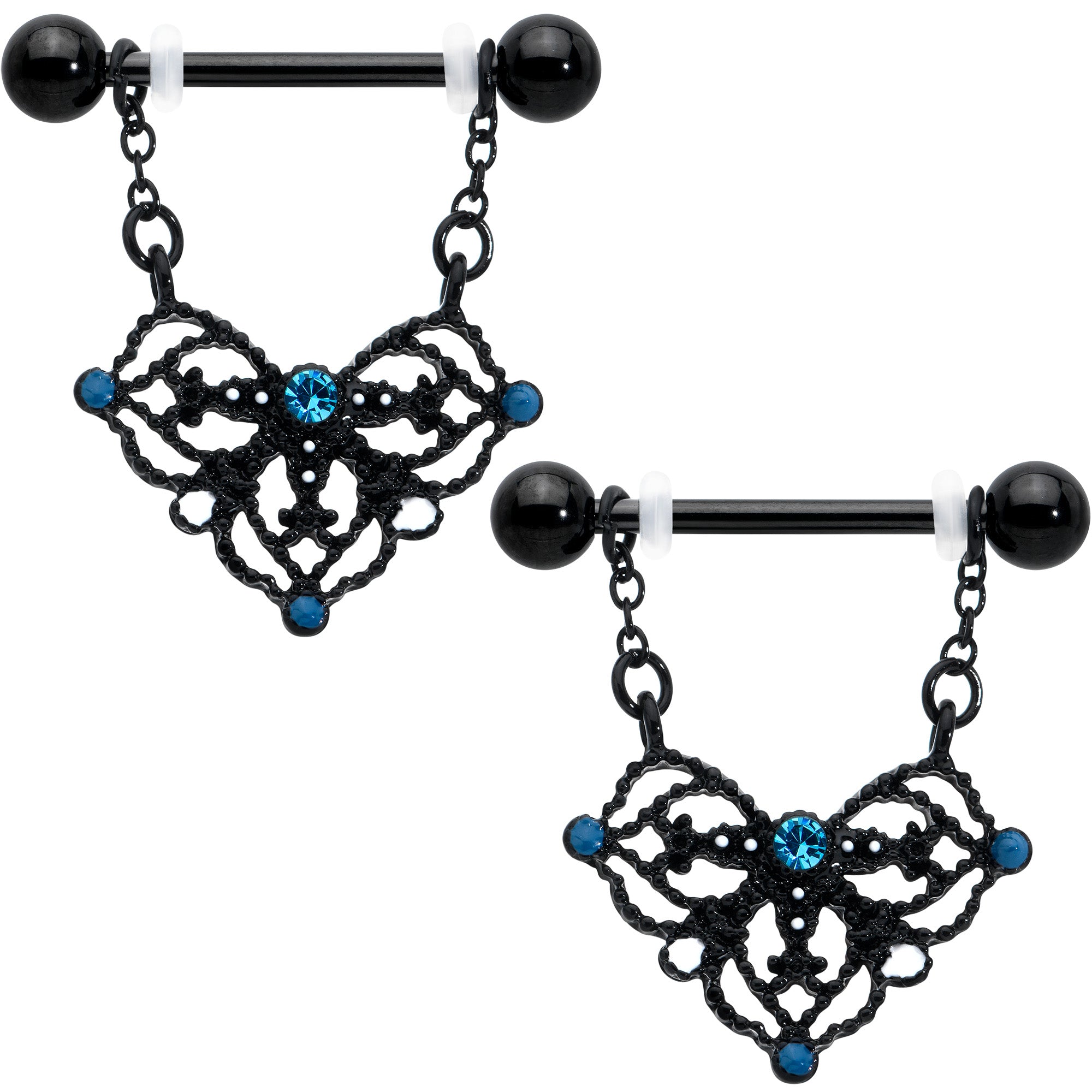 14 Gauge 9/16 Blue Gem Black Lacy Rhombus Dangle Nipple Ring Set