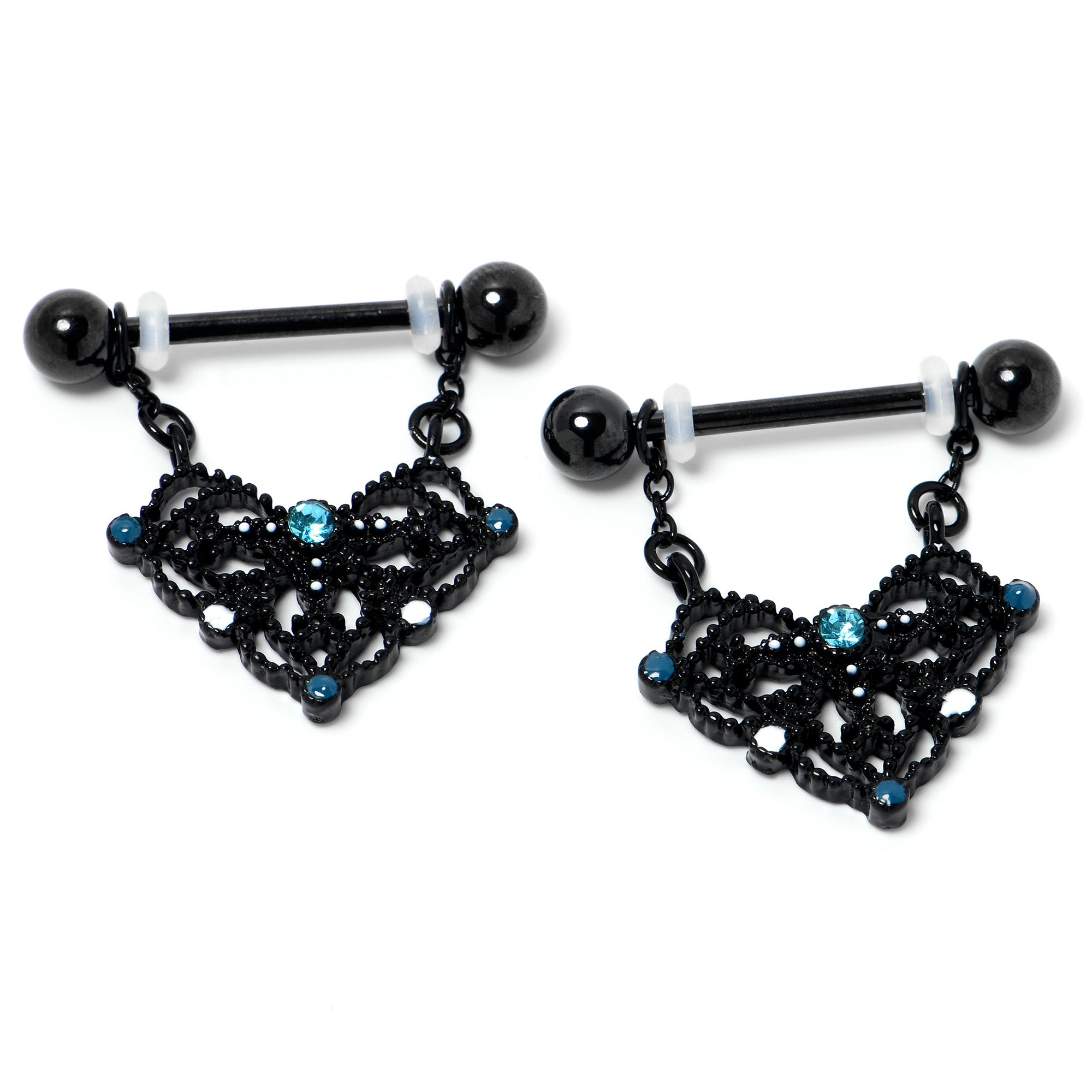 14 Gauge 9/16 Blue Gem Black Lacy Rhombus Dangle Nipple Ring Set