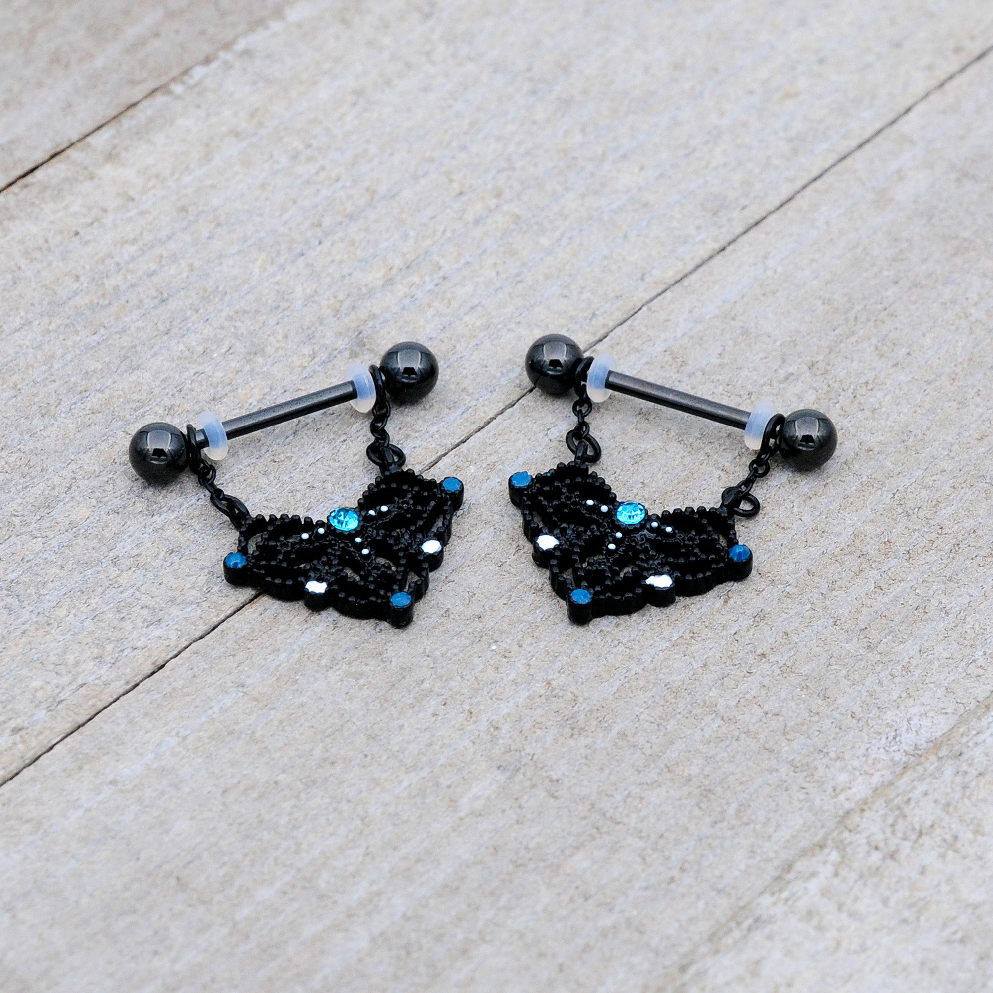 14 Gauge 9/16 Blue Gem Black Lacy Rhombus Dangle Nipple Ring Set