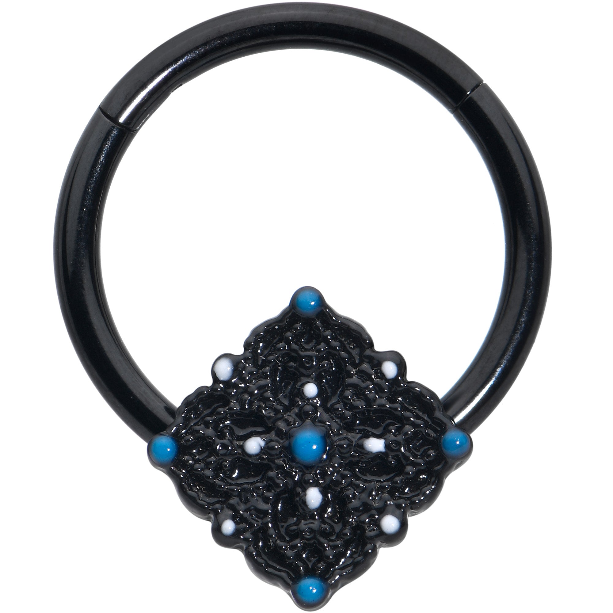 16 Gauge 3/8 Black Lacy Rhombus Blue Hinged Segment Ring