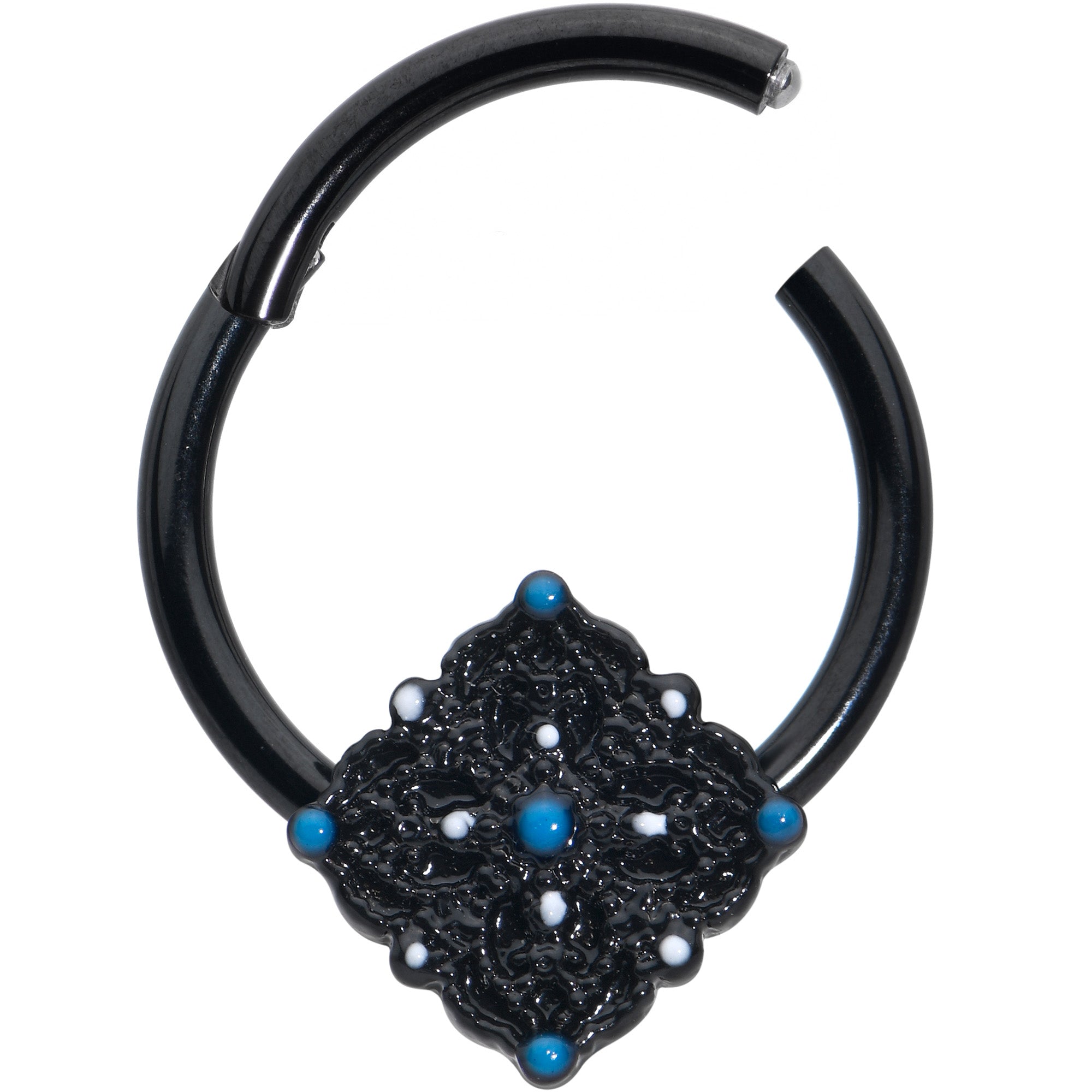 16 Gauge 3/8 Black Lacy Rhombus Blue Hinged Segment Ring