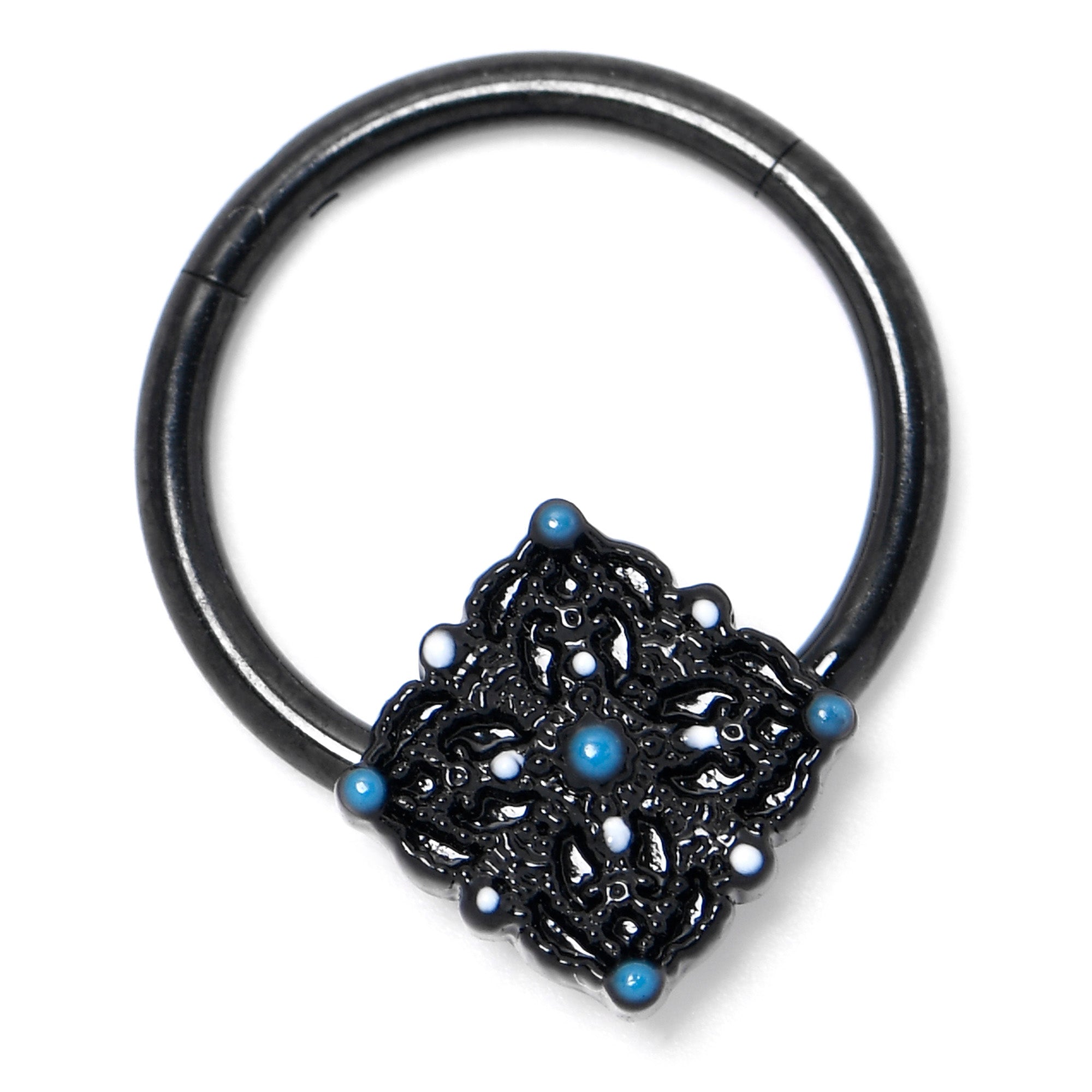 16 Gauge 3/8 Black Lacy Rhombus Blue Hinged Segment Ring