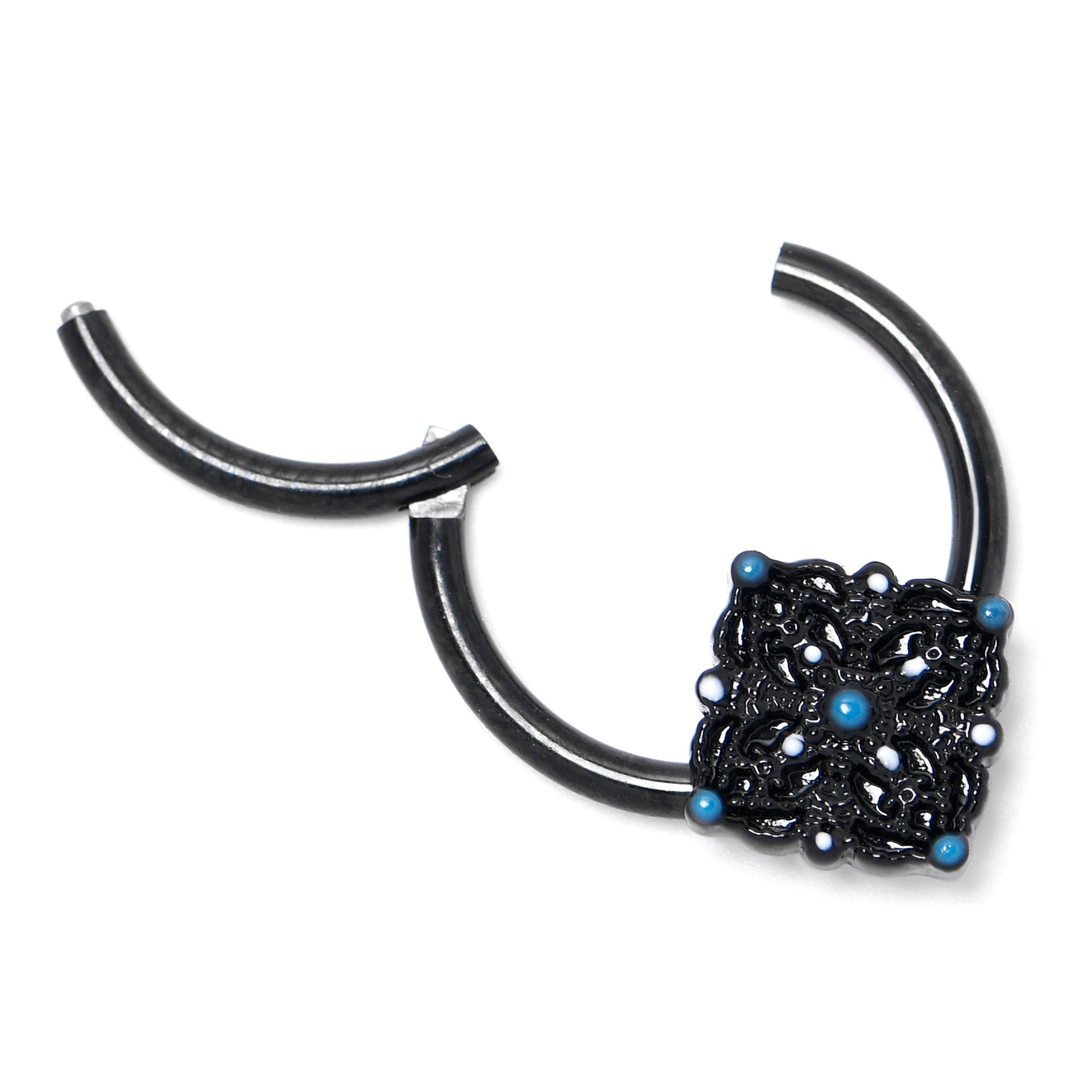 16 Gauge 3/8 Black Lacy Rhombus Blue Hinged Segment Ring