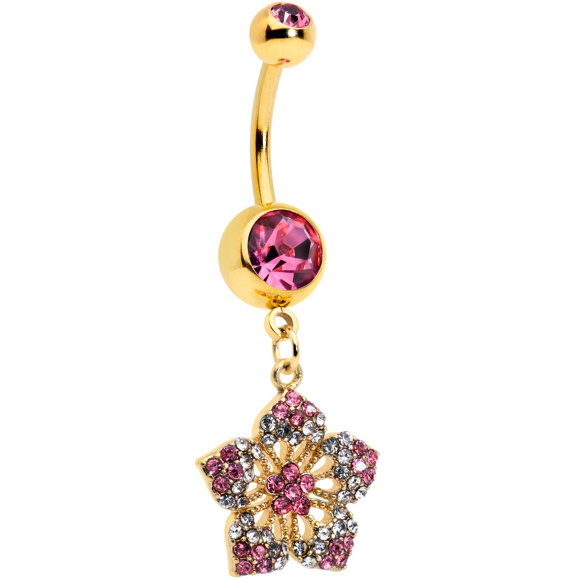 Pink Clear Gem Gold Tone Texture Star Dangle Belly Ring