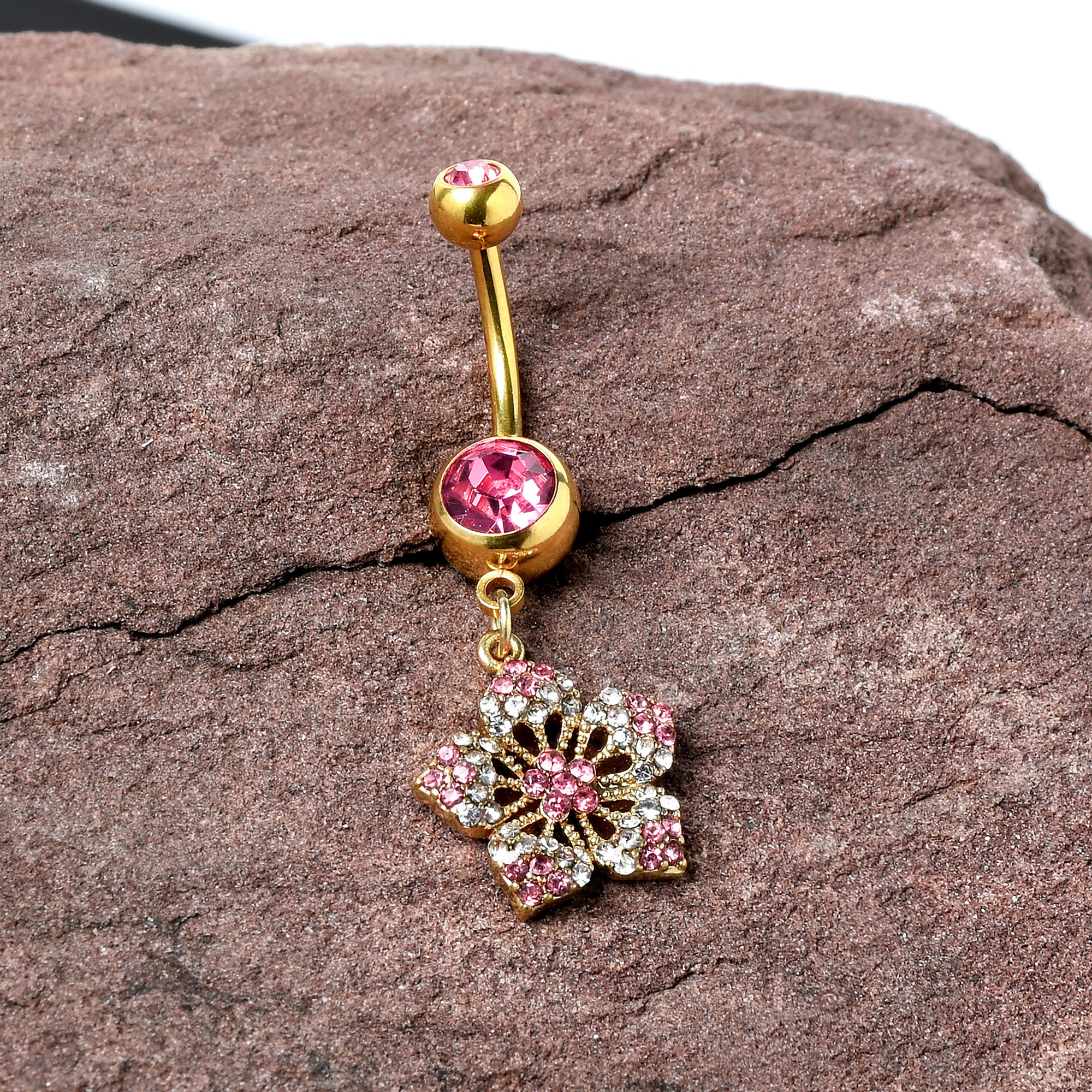 Pink Clear Gem Gold Tone Texture Star Dangle Belly Ring