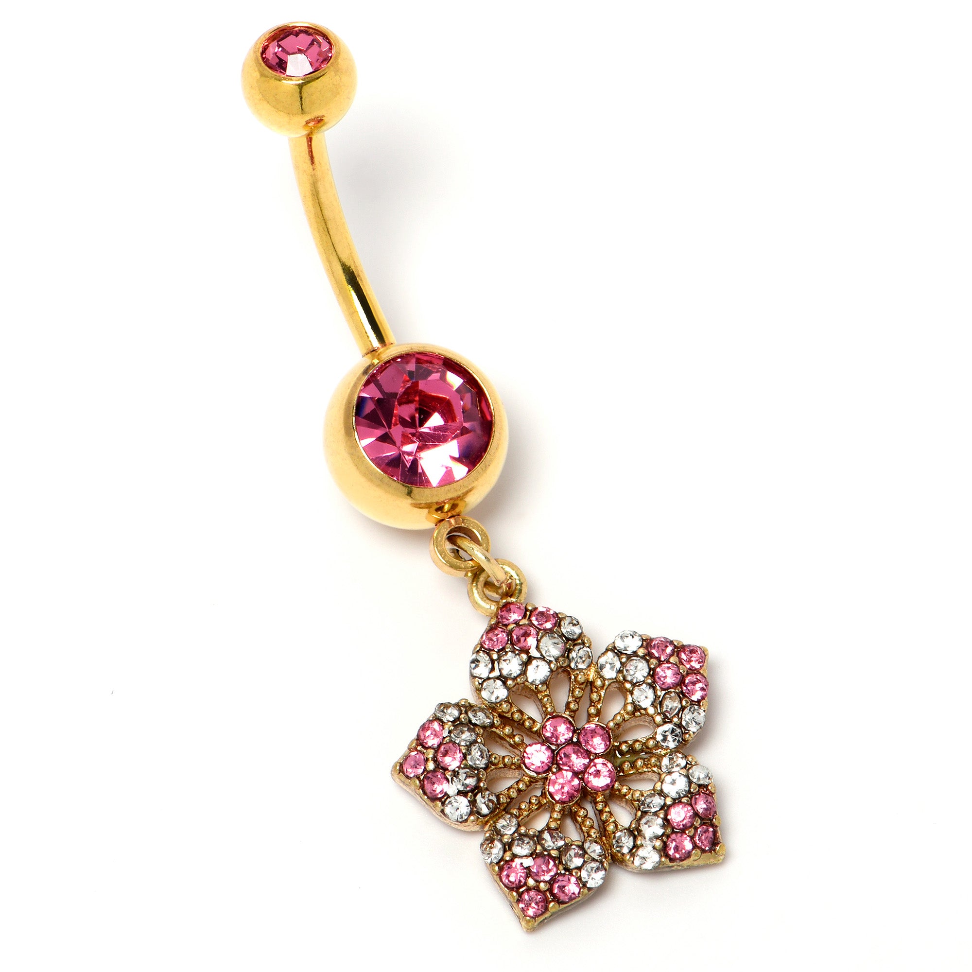 Pink Clear Gem Gold Tone Texture Star Dangle Belly Ring